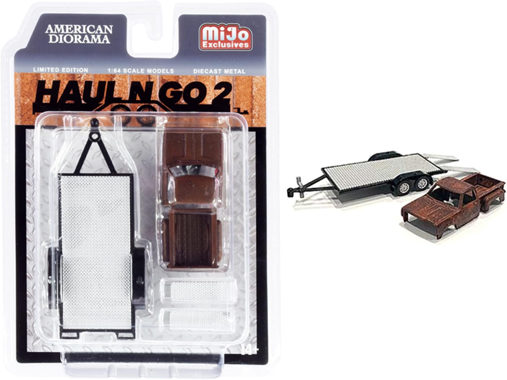 Haul N Go 2" Trailer and Rusted Truck Body Diecast Set of 2 Pieces for 1/64 Scale Models by American Diorama 38378