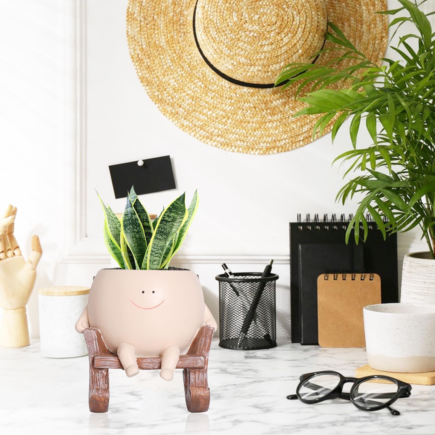 Rocking Chair Face Resin Planter Pot with Drainage Cute Flower Pots for Succulents Plants Live Indoor Outdoor Planters for Houseplants Gift Small (Large)
