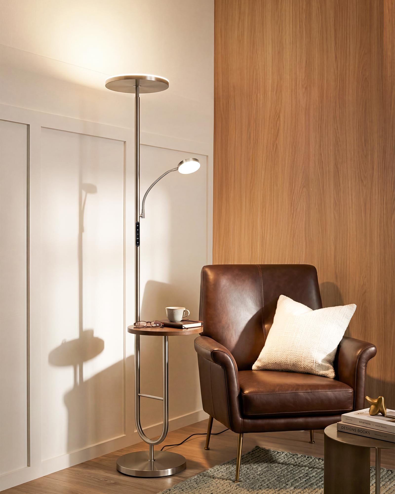 LED Uplighter Floor Lamp with Table & Reading Light, Super Bright 36W Dimmable Standing Lamp with Shelf, Remote & Touch Control, 1H Timer, Modern Floor Lamp for Living Room Bedroom, Brushed Nickel