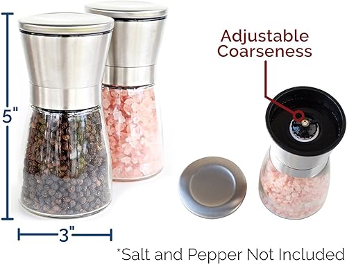 Miniatura 6 de Salero o pimentero con soporte a juego | Molinillo de especias con grosor ajustable | Molino de acero inoxidable cepillado | Par de molinos de sal y