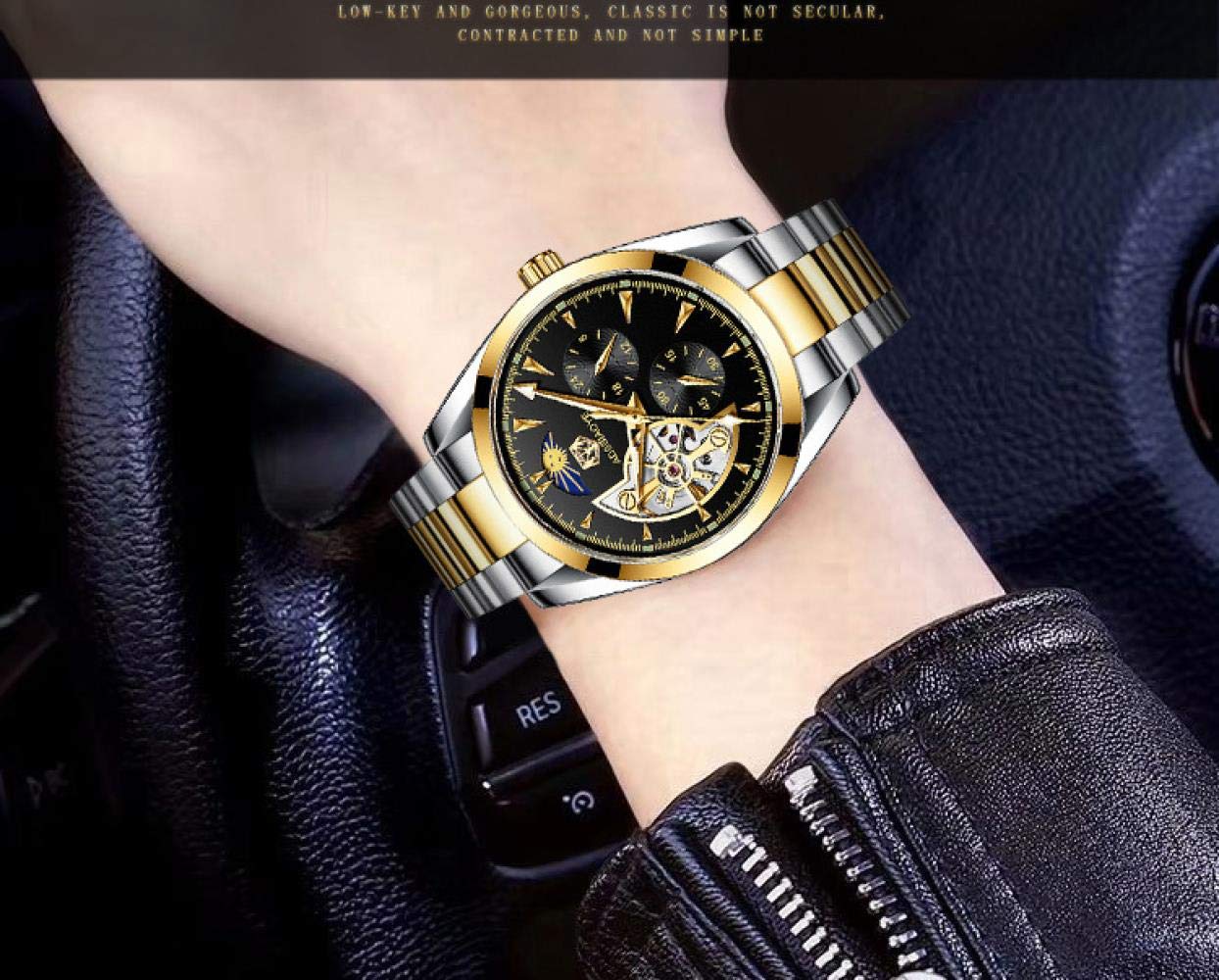 Orologi Da Polso,Orologio Da Uomo Automatico Automatico A 6 Pin Impermeabile Con Fasi Lunari Tourbillon, Quadrante Dorato E Nero