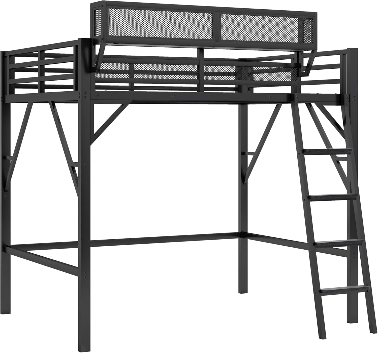 Full Size Loft Bed with Storage Shelf, Metal Loft Bed Frame with Wide Ladder and Large Under-Bed Space, Heavy-Duty Tall Lofts Beds for Adults Teens and Kids, Black