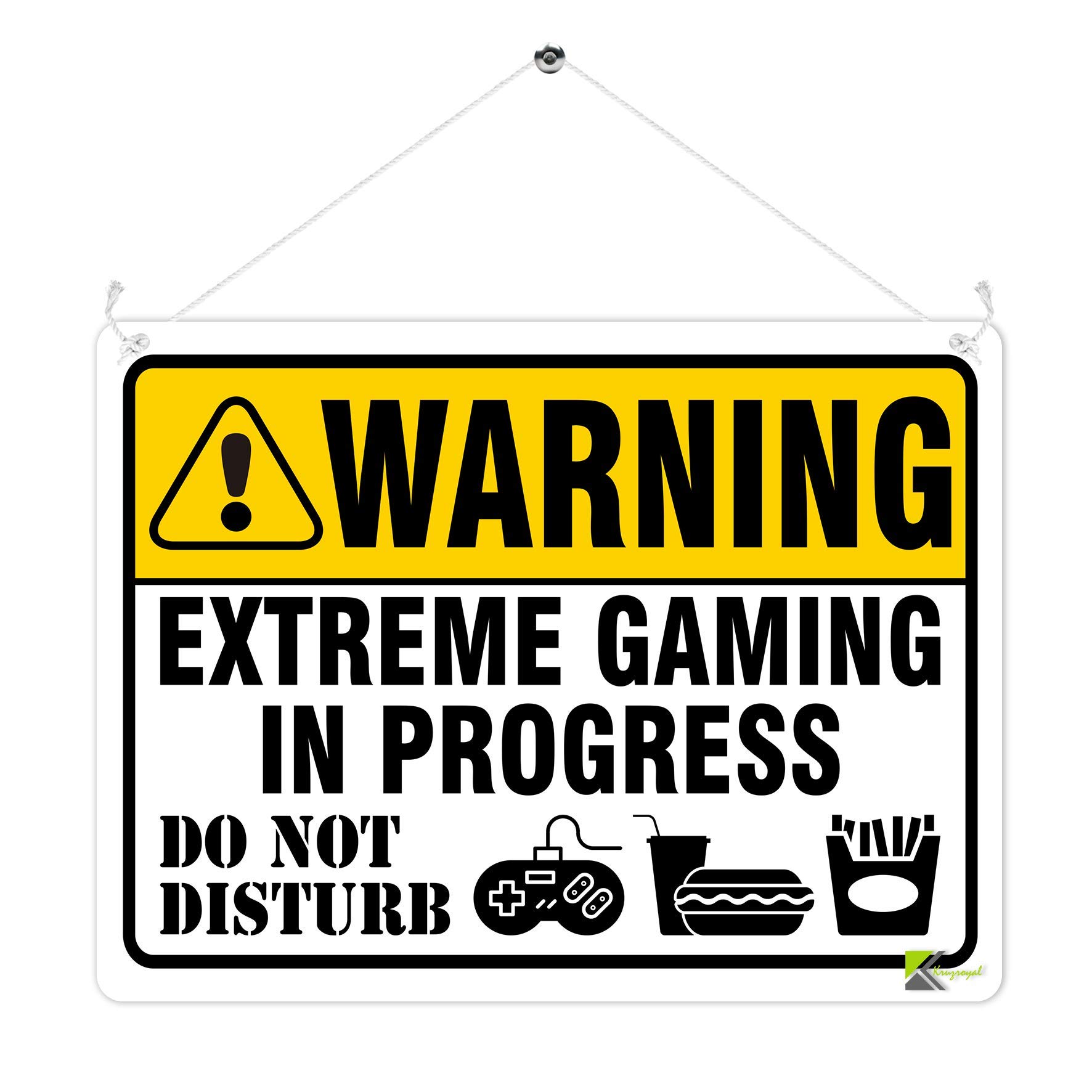 Kruzroyal Funny Gaming Metal Wall Sign, Extreme Gaming In Progress Warning Plaque Gift, Do Not Disturb Retro Tin Decor for Bedroom or Game Room, 20x15cm with Hanging String