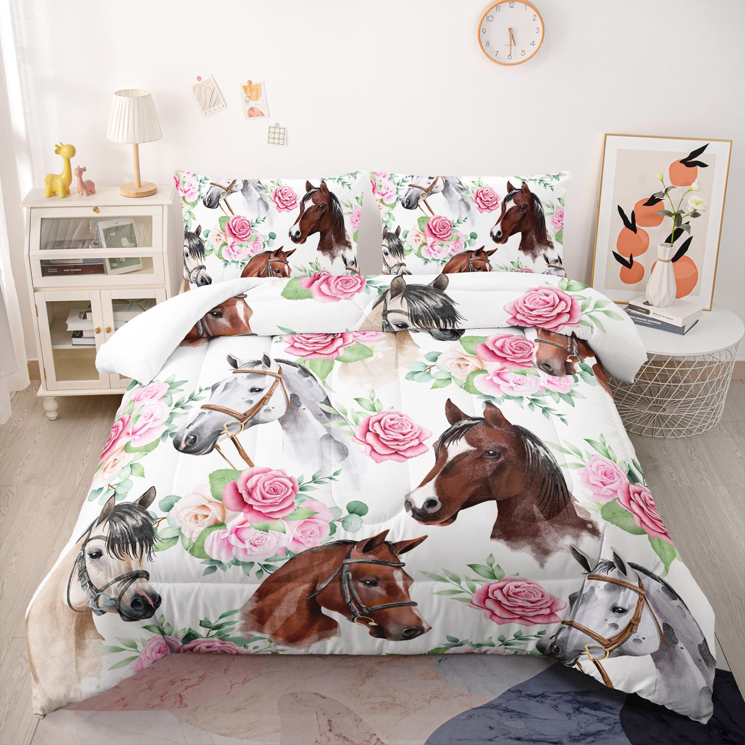 Nttopship Horse and Flower Comforter Set for Girls Kids Horse and Floral 3 Piece Bedding Set Twin Floral Lightweight Comforter Down Alternative with 2 Pillowcases All Seasons