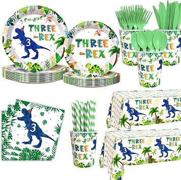 AIBIIN 194pcs Three Rex Birthday Decorations for Boy 3rd Birthday Party Plates, Cup, Napkin, Tablecloth, Tableware, Dinosaur 3 year old Birthday Party Supplies Plates Serve 24 Guests