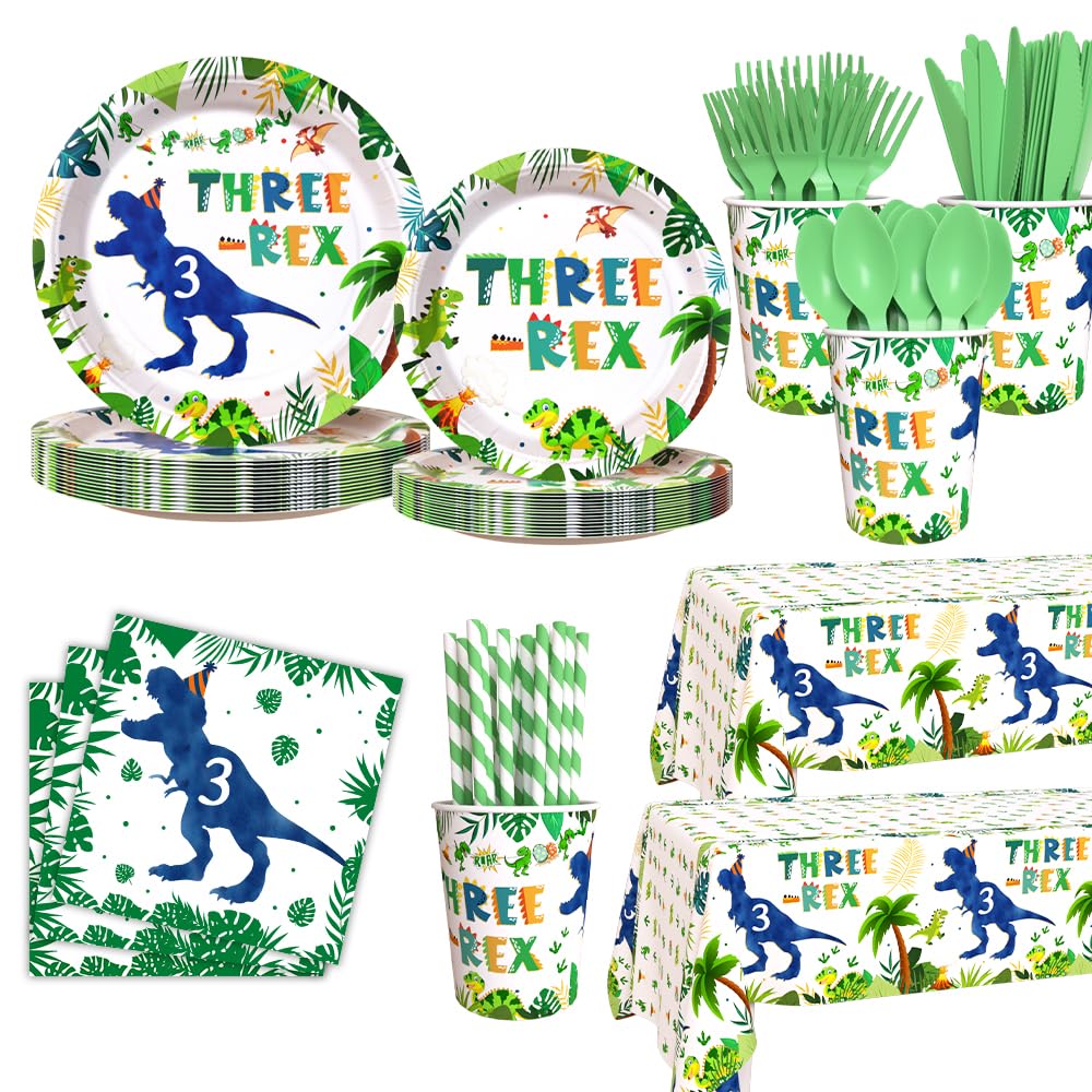 AIBIIN 194pcs Three Rex Birthday Decorations for Boy 3rd Birthday Party Plates, Cup, Napkin, Tablecloth, Tableware, Dinosaur 3 year old Birthday Party