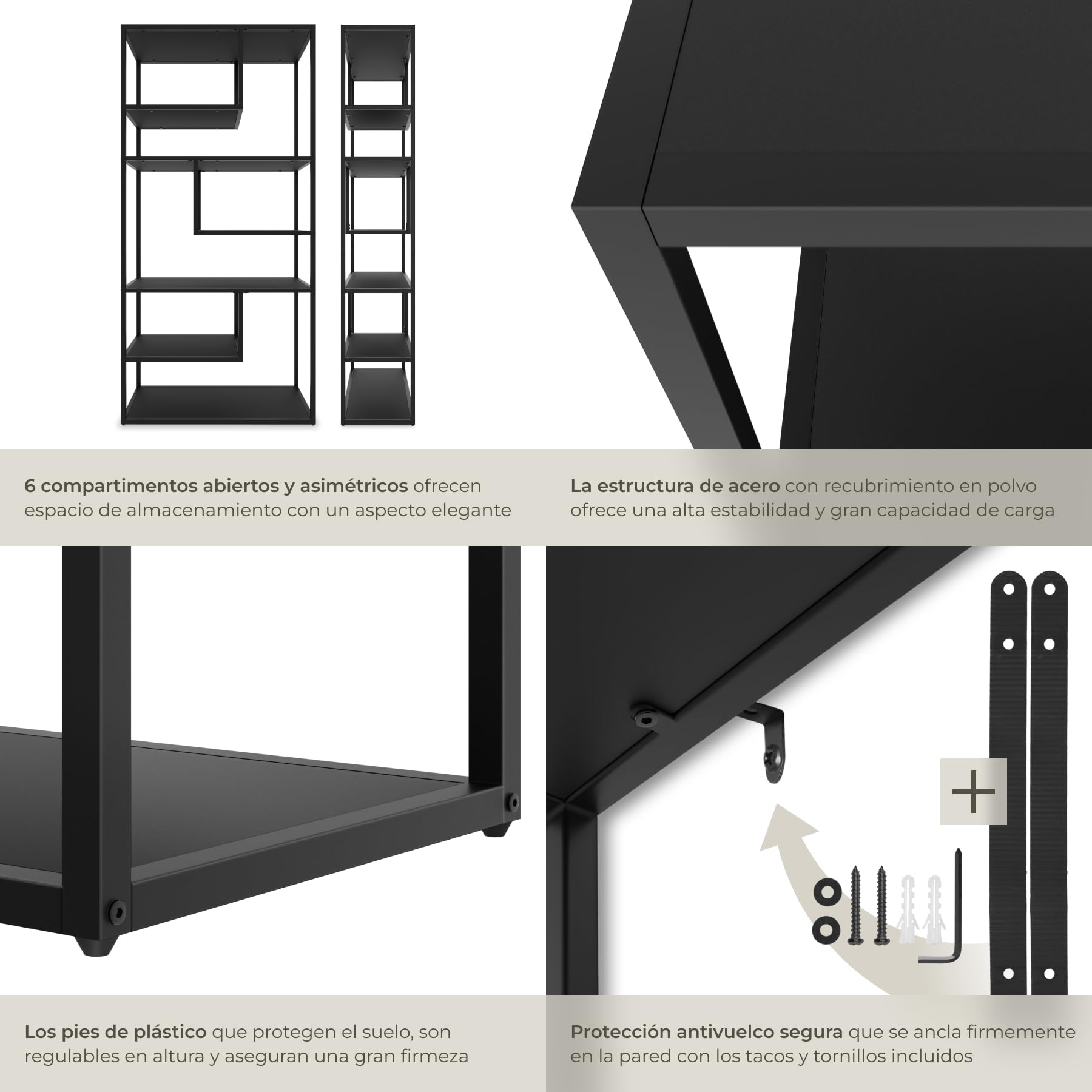 tectake® Estantería Industrial con Estructura de Acero con 7 Estantes, Estanteria de Cocina con Protección Antivuelco, Estantería Metálica, Patas Regulables en Altura - 35 x 85 x 188 cm Negro