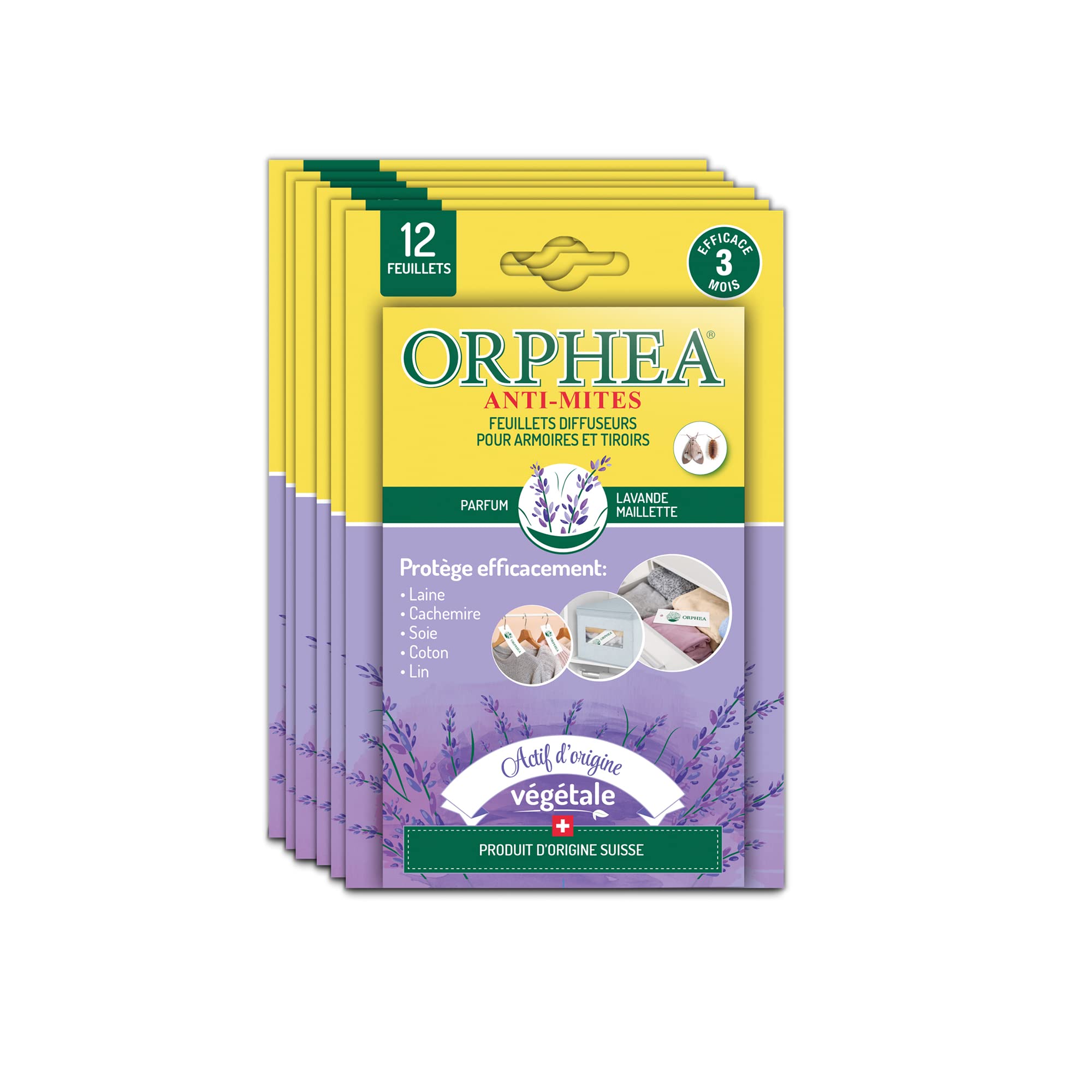 Orphea - Anti Mites Textile, Feuillets Diffuseurs pour Armoires et Tiroirs Naturel, Parfum Bois de Lavande. Anti Mites Ideal pour Vetements, Il agit Immediatement - Durée 3 Mois (6x12 Pieces)