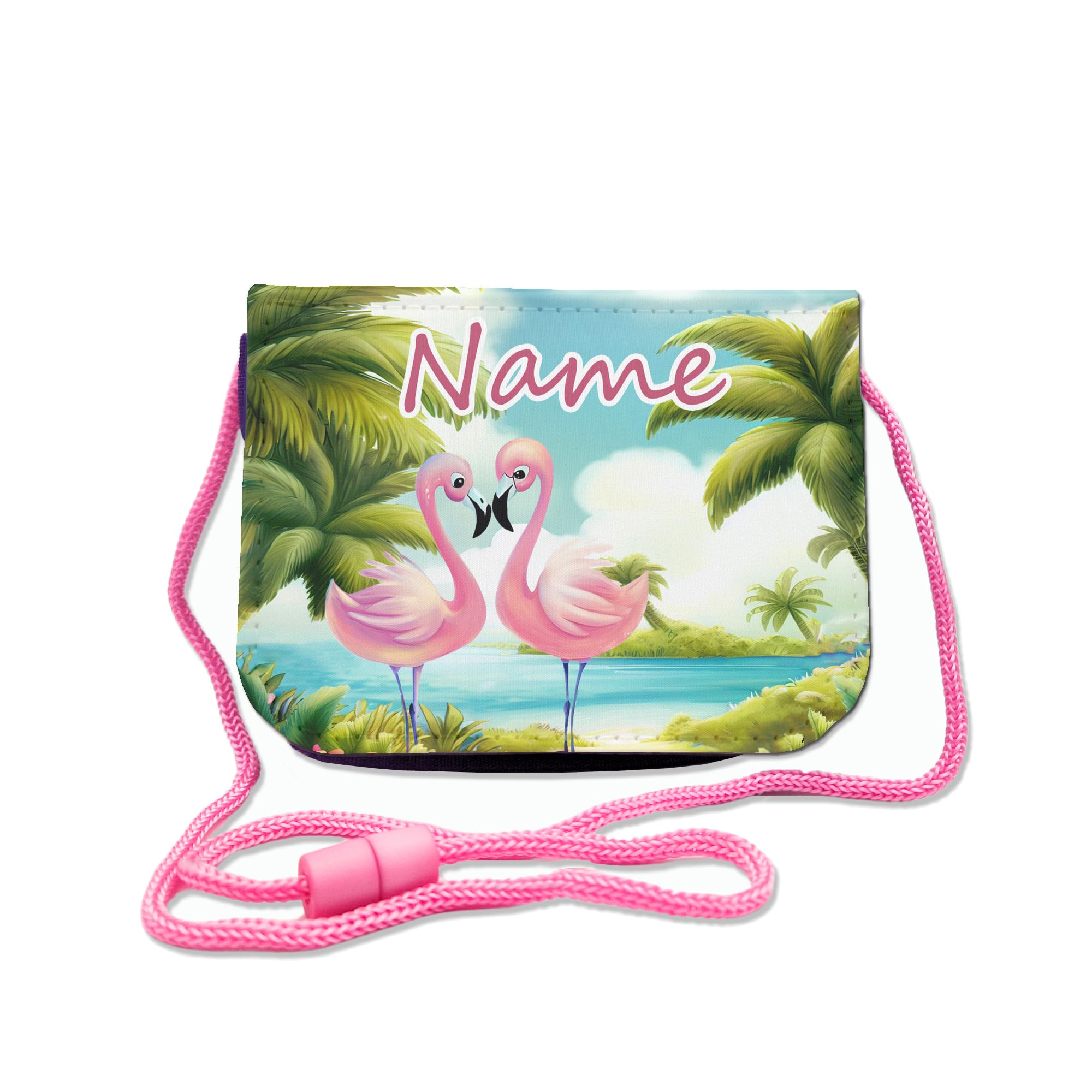 Maus-Design Kinder Brustbeutel mit Name + Schriftartwahl | Klettverschluss mit Schnur zum Umhängen und Klarsichtfach | Geldbeutel personalisiert | 3 Farben (Flamingo)