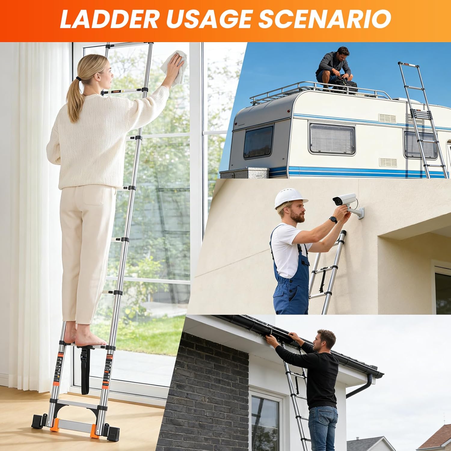 Telescoping Ladder,12.5 FT Extension Ladder w/Hooks,Stabilizers,Wheels,Heavy Duty 330lbs Max Capacity,Collapsible Telescopic Ladder for Rv,Roof,Outdoor