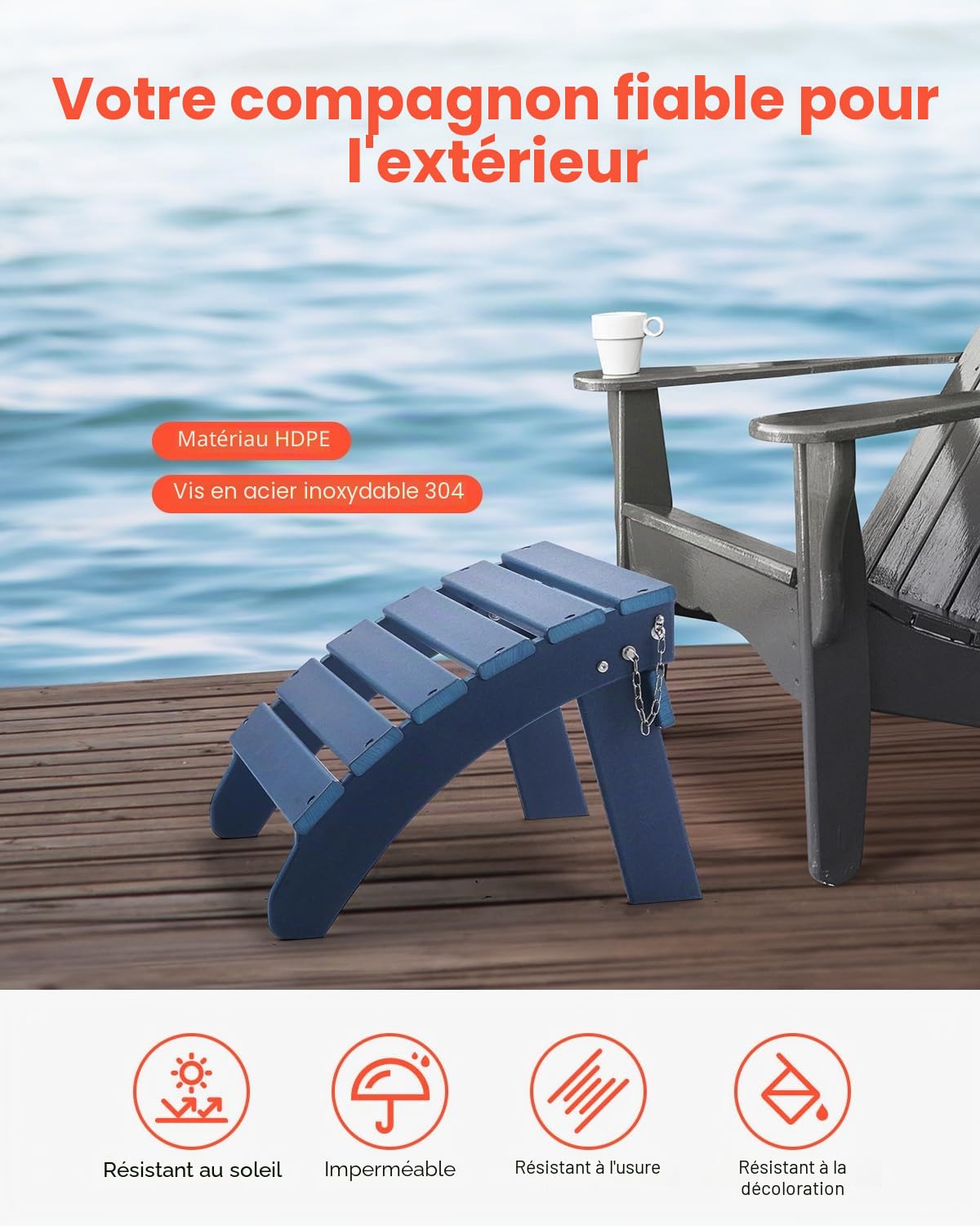 VEVOR Repose-pieds Pliable Adirondack, 475x480x350 mm, en PEHD, Résistant aux Intempéries pour Chaise Adirondack, Montage Facile, pour Extérieur, Patio, Porche, Piscine, Pelouse, Arrière-cour, Bleu