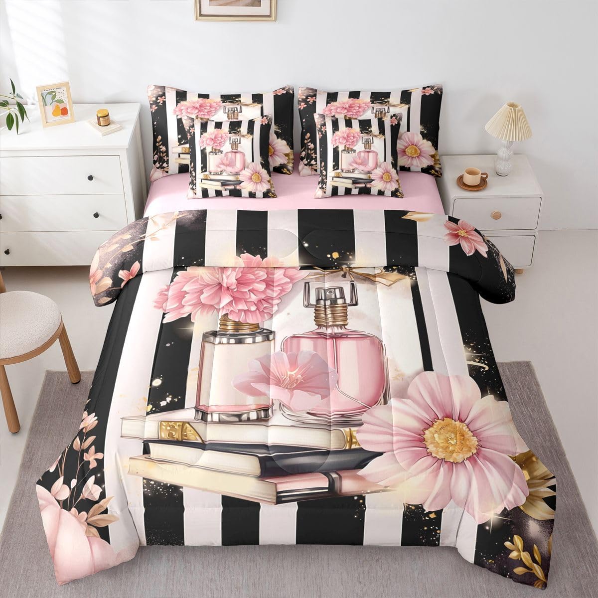 Erosebridal 7 Piece Pink Floral Bed in A Bag King Size Modern Fashion Girly Comforter Set Romantic Makeup Themed Bed Set Black White Stripe Sheet Set Women Perfume Print Bedding Fitted Sheet