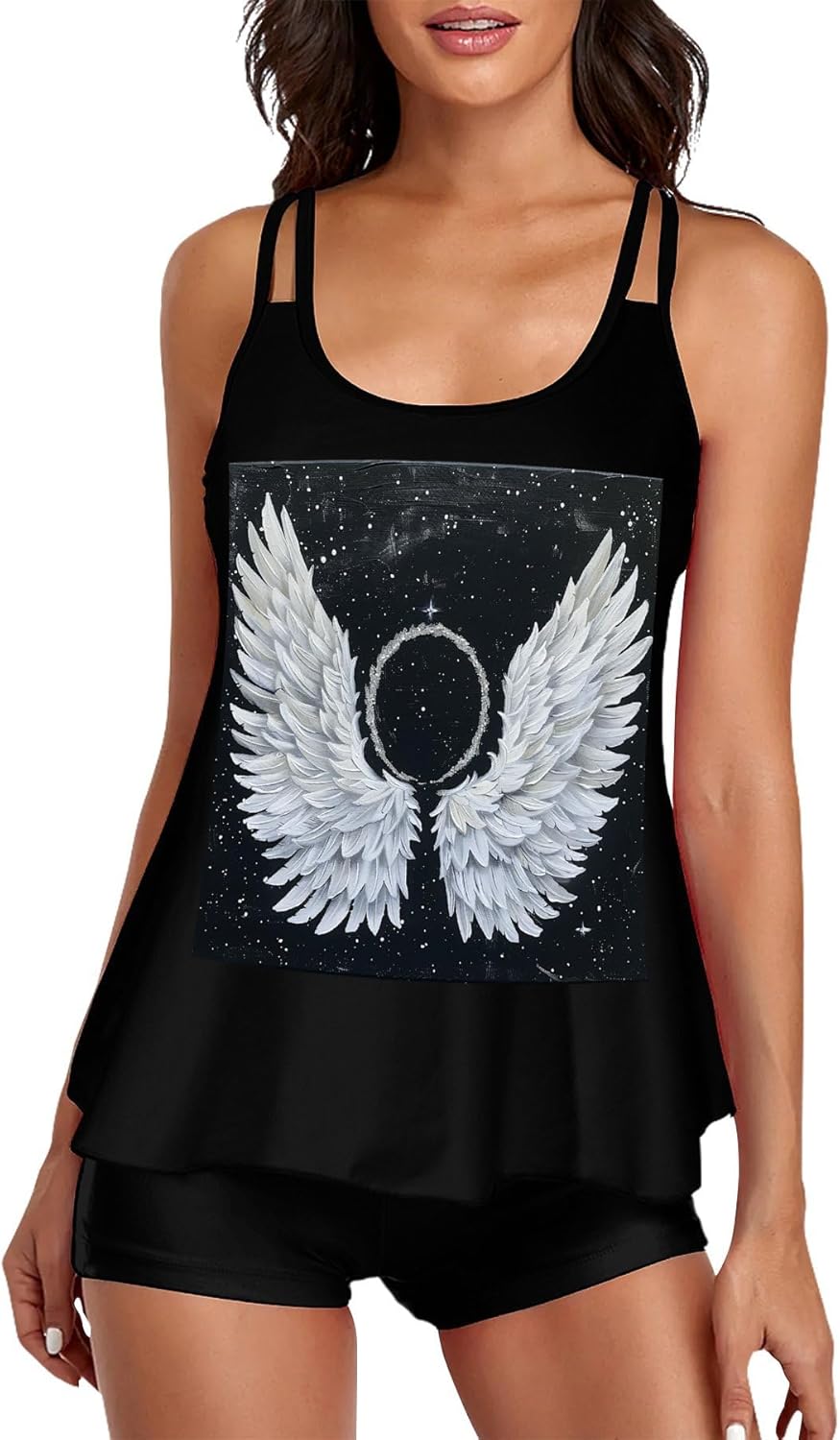 White Wings with Halo Tankini Swimsuits for Women Tummy Control Two Piece Bathing Suits Swim Tops with Boy Shorts