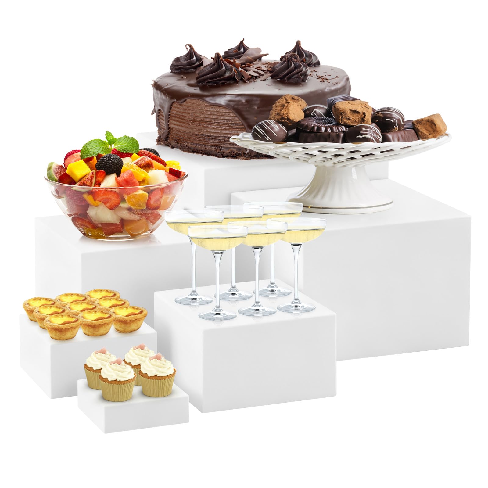 Garvee Lot de 6 présentoirs de buffet pour fête, cube en acrylique blanc avec fond creux, boîte de rangement pour cupcakes, desserts, restauration, bijoux et objets de collection
