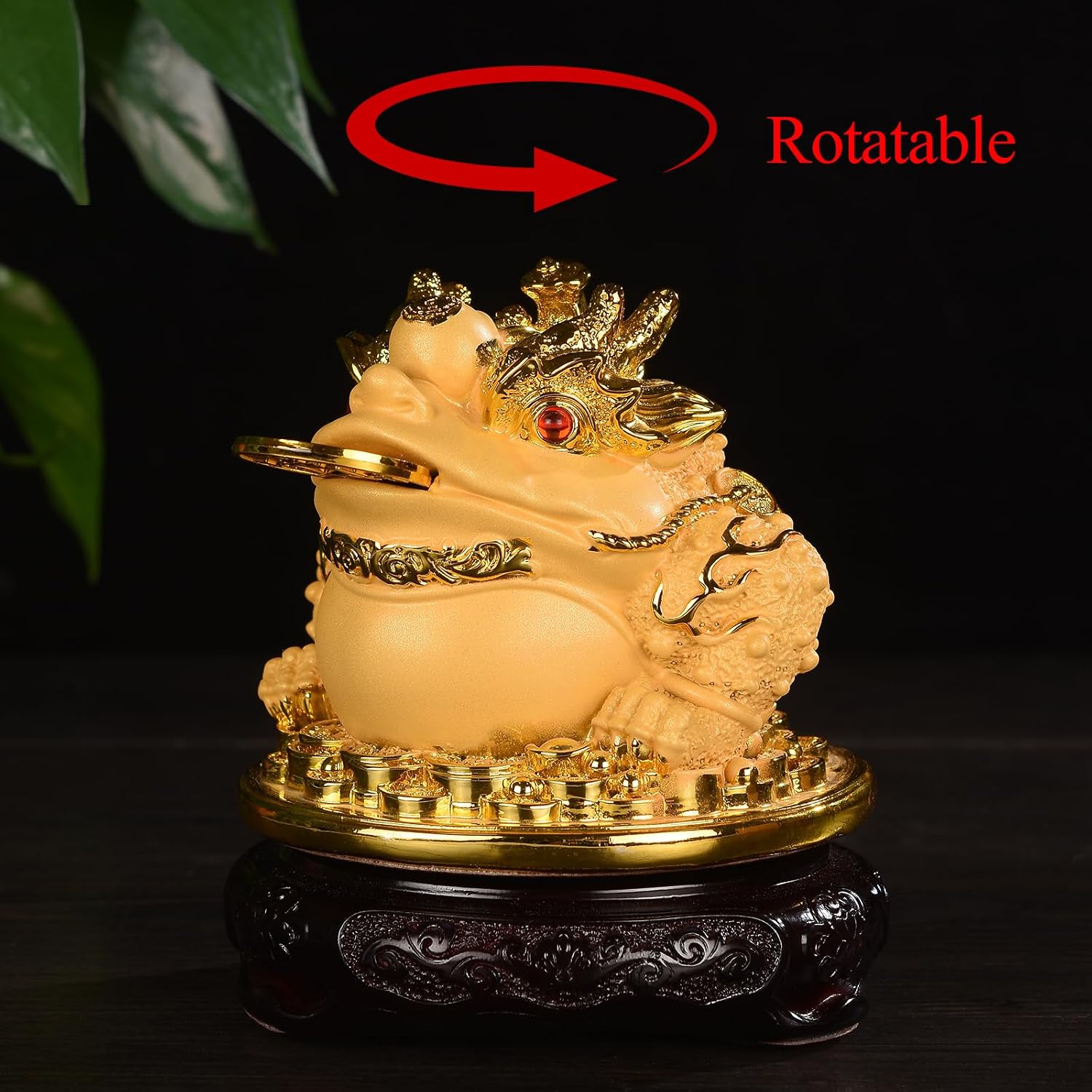 Feng Shui Money Frog Three Legged Statue with Rotatable Wooden Base, Attract Wealth Lucky Thriving Business, Decoration for Cash Register, Office Desk, House Warming, Store Opening Gift 5.9''(H)