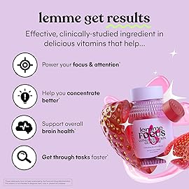 Lemme Focus Concentration & Brain Health Gummies with Cognizin Citicoline, Lion\'s Mane Mushroom, Vitamin B12 to Support Focus + Concentration - Gluten Free, Caffeine Free, Strawberry (50 Count)