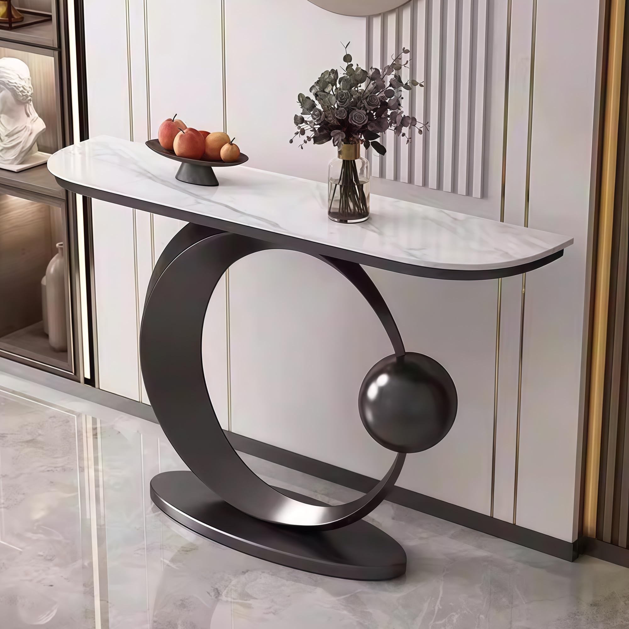 Tavolino d'ingresso, consolle Moderna, tavolino da Divano, tavolino da corridoio, Mobile Decorativo a Mezzaluna, per corridoio, atrio, Ingresso (Nero, 150 cm/59 Pollici)