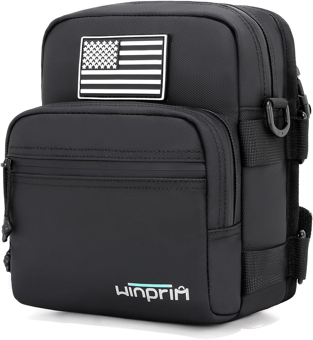 Handlebar Storage Bag for Motorcycles – Waterproof 1680D Utility Pouch with Flag Patch – Small Size for Crossbar or Shoulder Use (Bright Black)