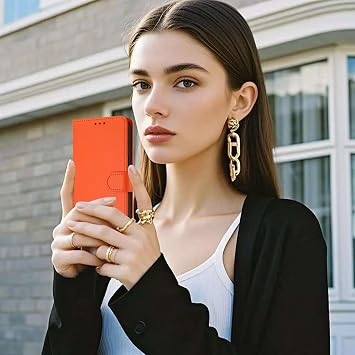 Compatible VIVO V60 Lite 5G Case, PU Leather, Notebook Type Cover, TPU Inner Shock Absorption, Card Storage, Large Wallet Pocket, Stand Function, Hand Strap Included, Orange