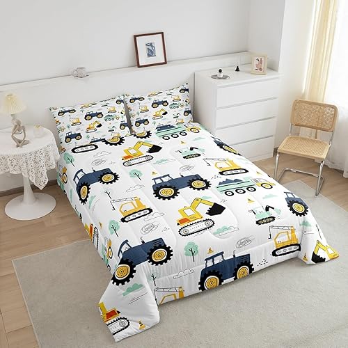 Miniatura 3 de Juego de edredón de excavadora para niños, tamaño matrimonial, ropa de cama de camiones con equipo para niños, niñas, niños, edredón de plumón de