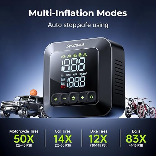 Miniatura 4 de Syncwire Inflador de neumáticos, compresor de aire portátil, bomba de aire de 150 PSI para neumáticos de automóvil 3 veces más rápido Inflado