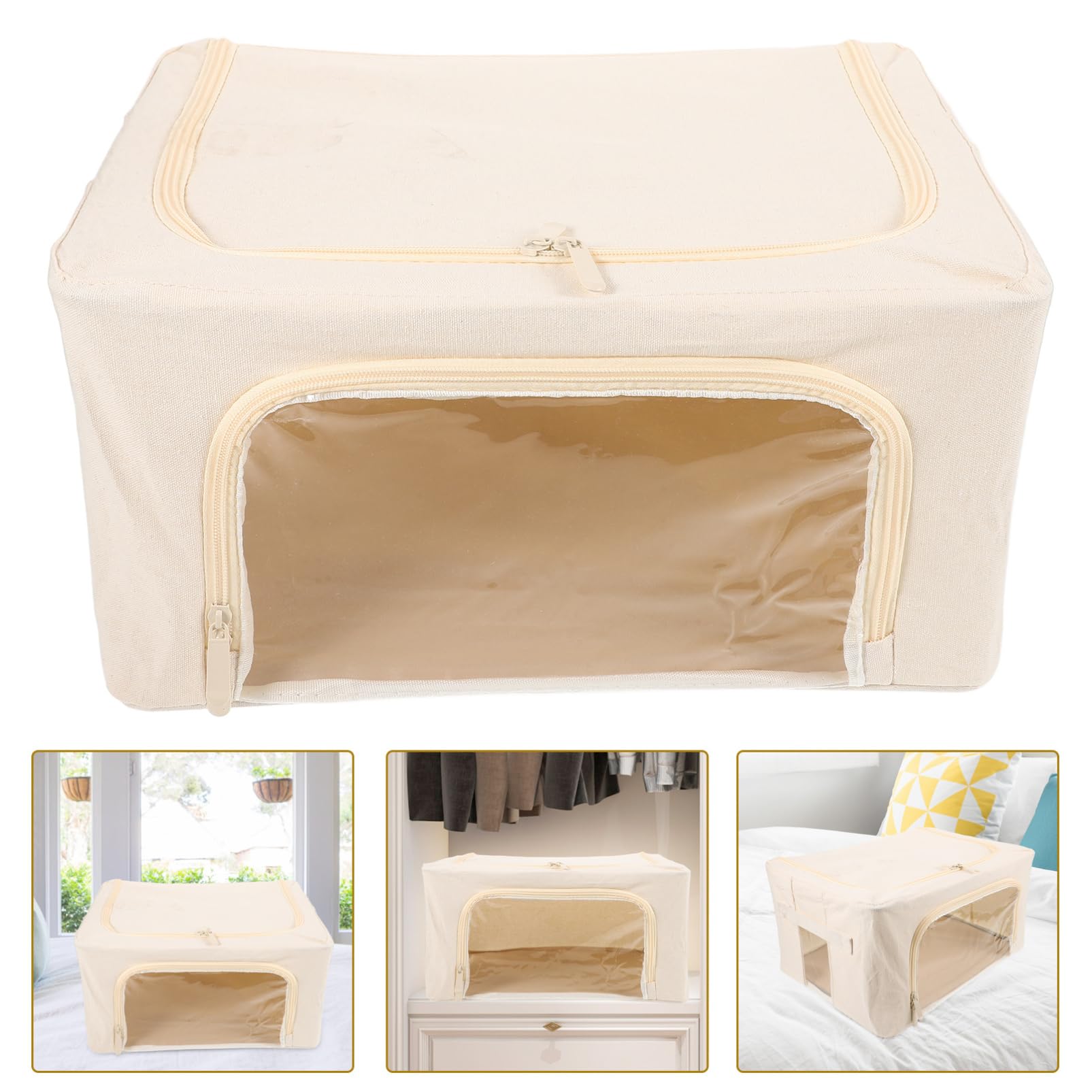 Sosoport Contenitore Pieghevole per Coperte Finestra Trasparente 22l | Tessuto Poliestere Cotone Struttura in Acciaio, Beige, Grande Capienza, per Giocattoli e Piumoni