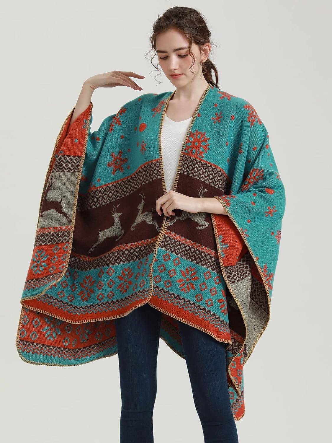 KirGiabo Women's Plaid Sweater Poncho Cape Coat Open Front Blanket Shawls and Wraps - Image 3