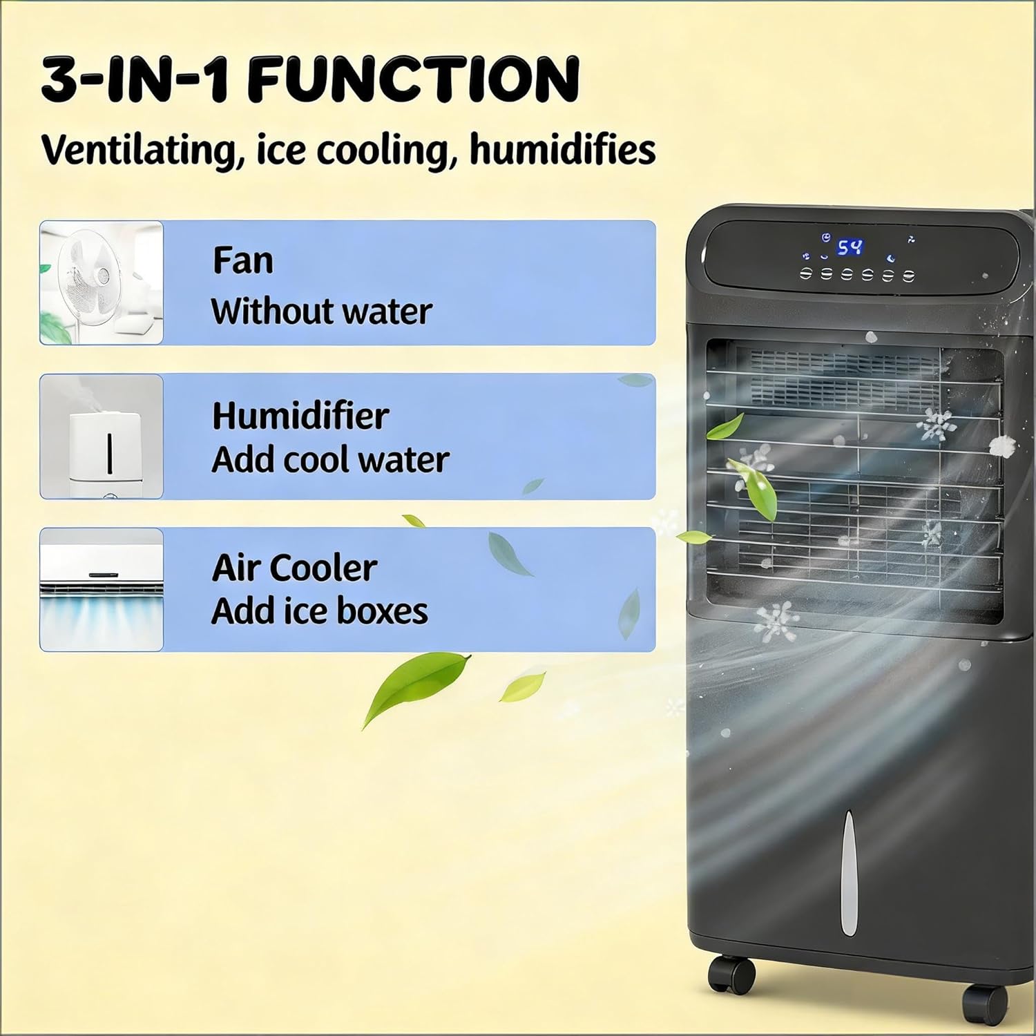 3-in-1 Portable Evaporative Air Cooler with Ice Cooling, Humidifier and Fan, 12H Timer, Remote Control, LED Display, 3.2 Gallon Water Tank, Black, 80W