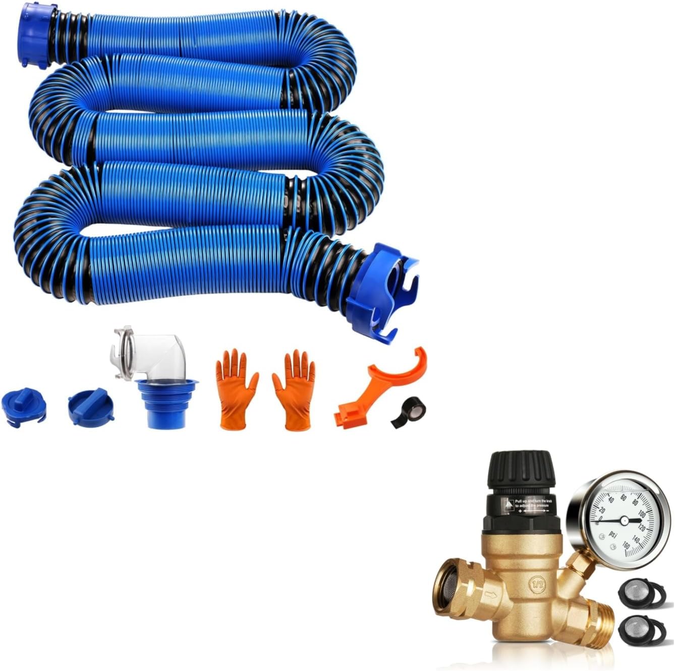 SheeChung 20FT RV Sewer Hose Kit, RV Hose Fittings, Heavy-Duty Camper Sewer Hose with Leak-Proof Swivel Fittings and RV Water Pressure Regulator, Brass Lead-Free Adjustable Water Pressure Reducer