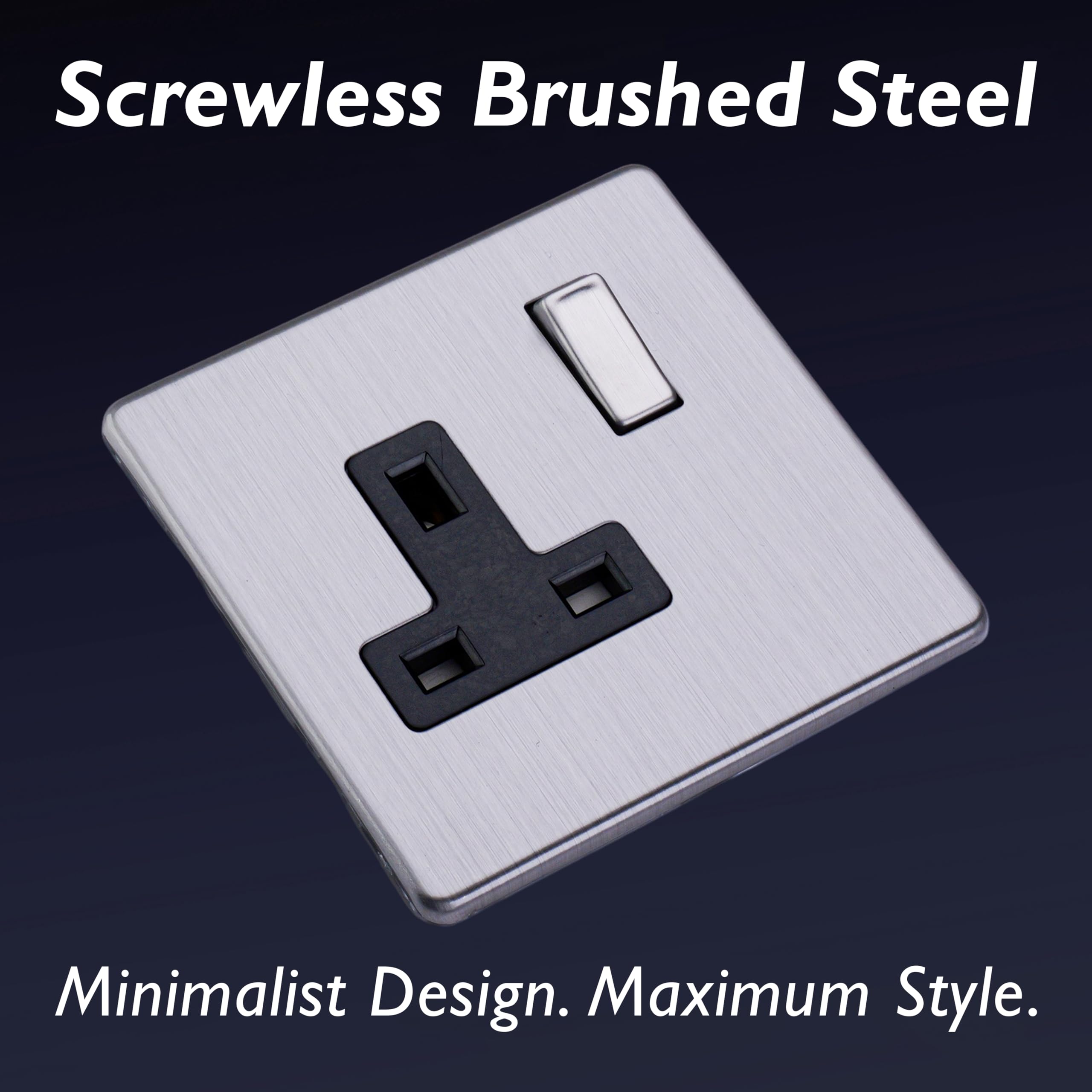 Varilight Single Switched Socket - Screwless Brushed Steel With Brushed Steel/Black Insert, 86x86x32mm - Image 3