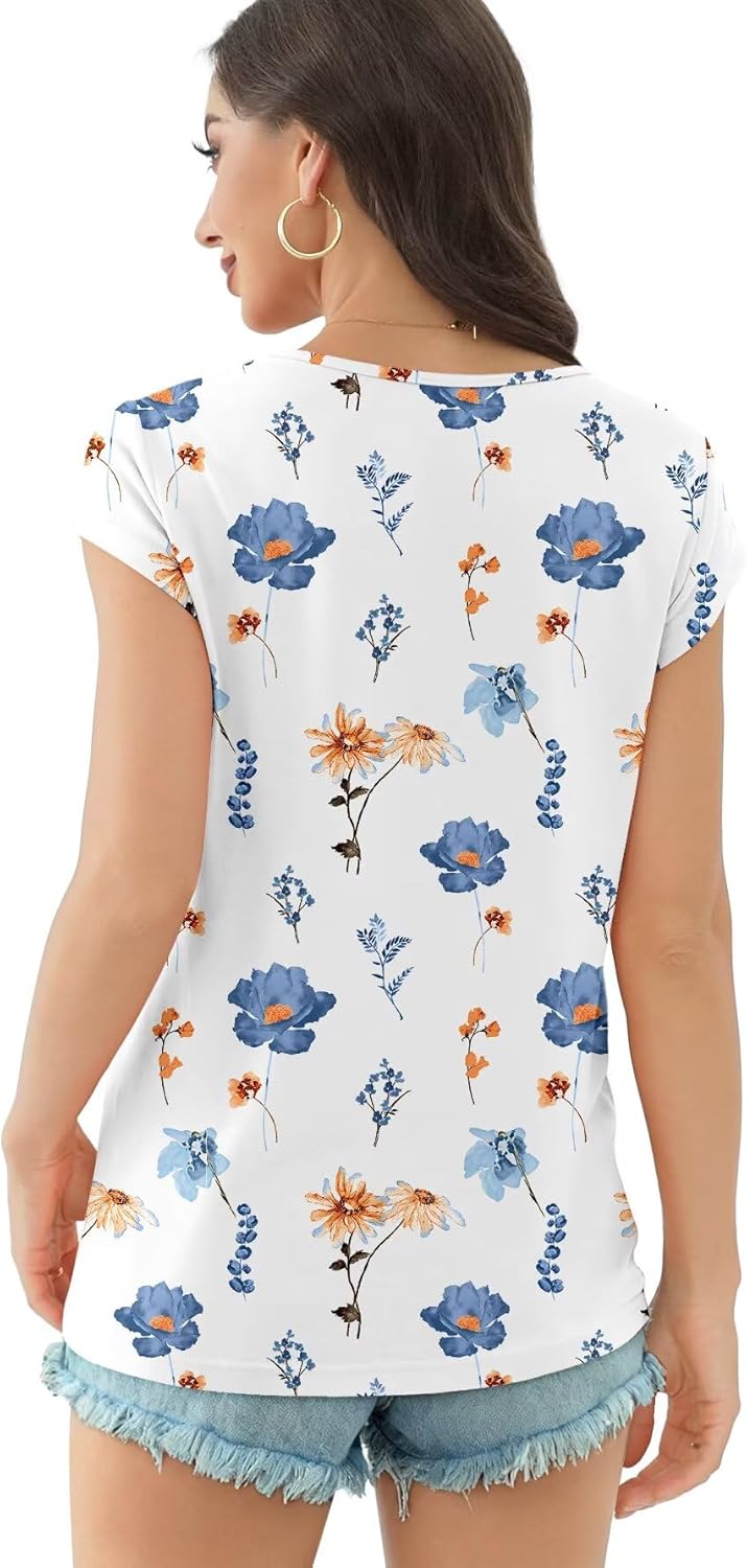 Womens Casual Tops V Neck Cap Sleeve T Shirt Loose Fit Summer Basic Tee for Spring Fashion, Vacation Beach Wear - Image 2