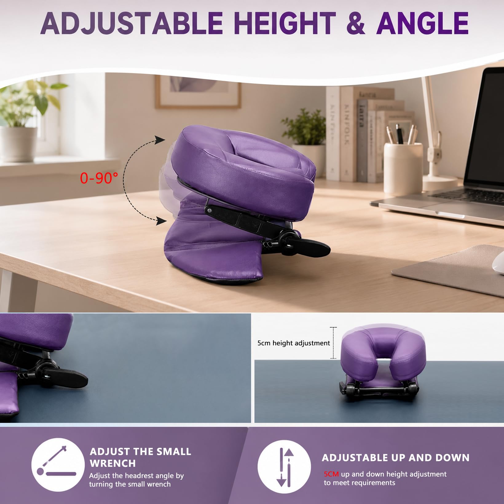 Poggiatesta massaggio per letto, sistema di massaggio sul tavolo per il viso, regolabile cuscino massaggio letto per tavolo da massaggio, per letti di bellezza (viola)