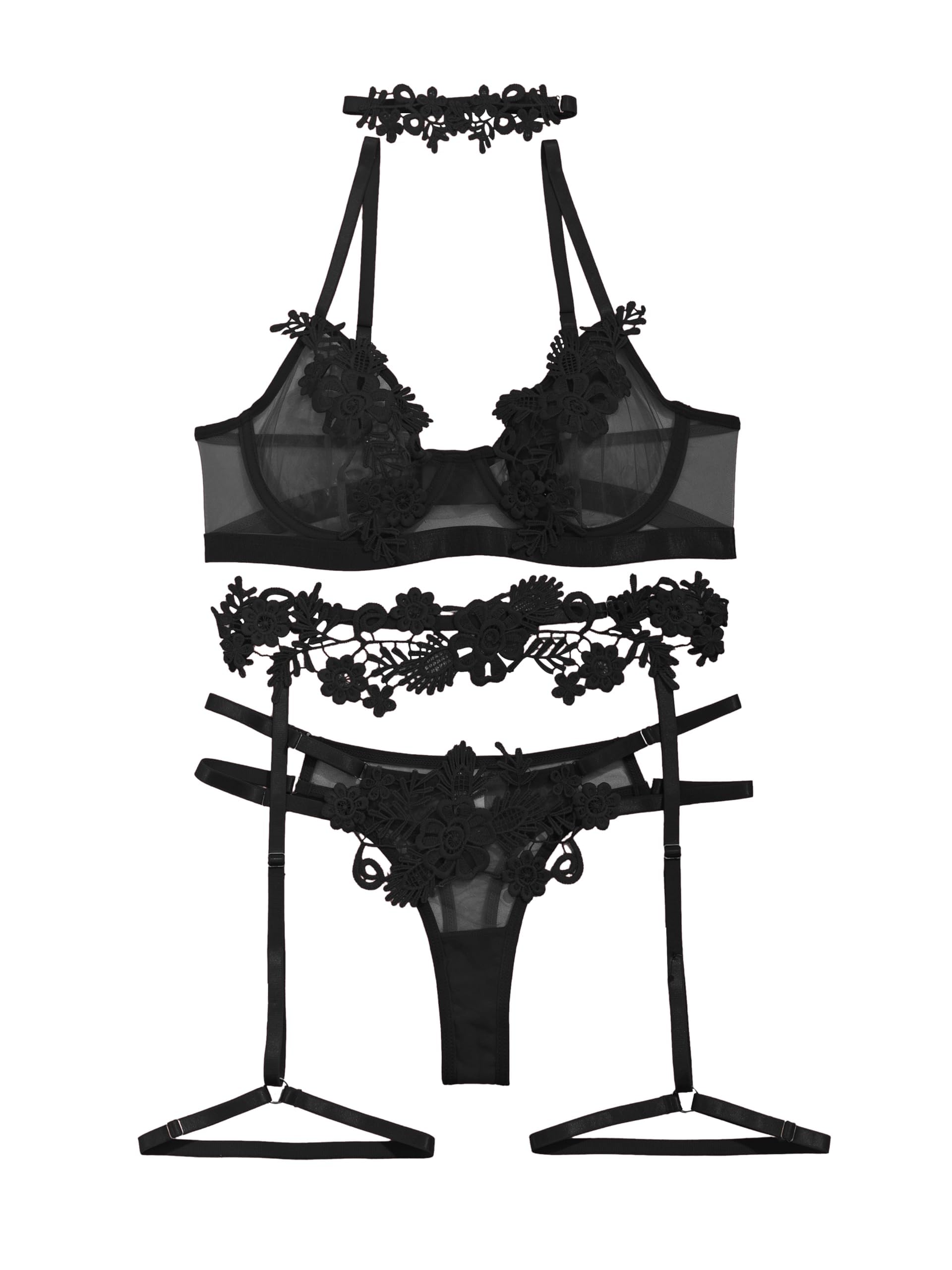 Lilosy Sexy Cute Applique Embroidered Underwire Push Up Garter Belt Chocker Lingerie Set