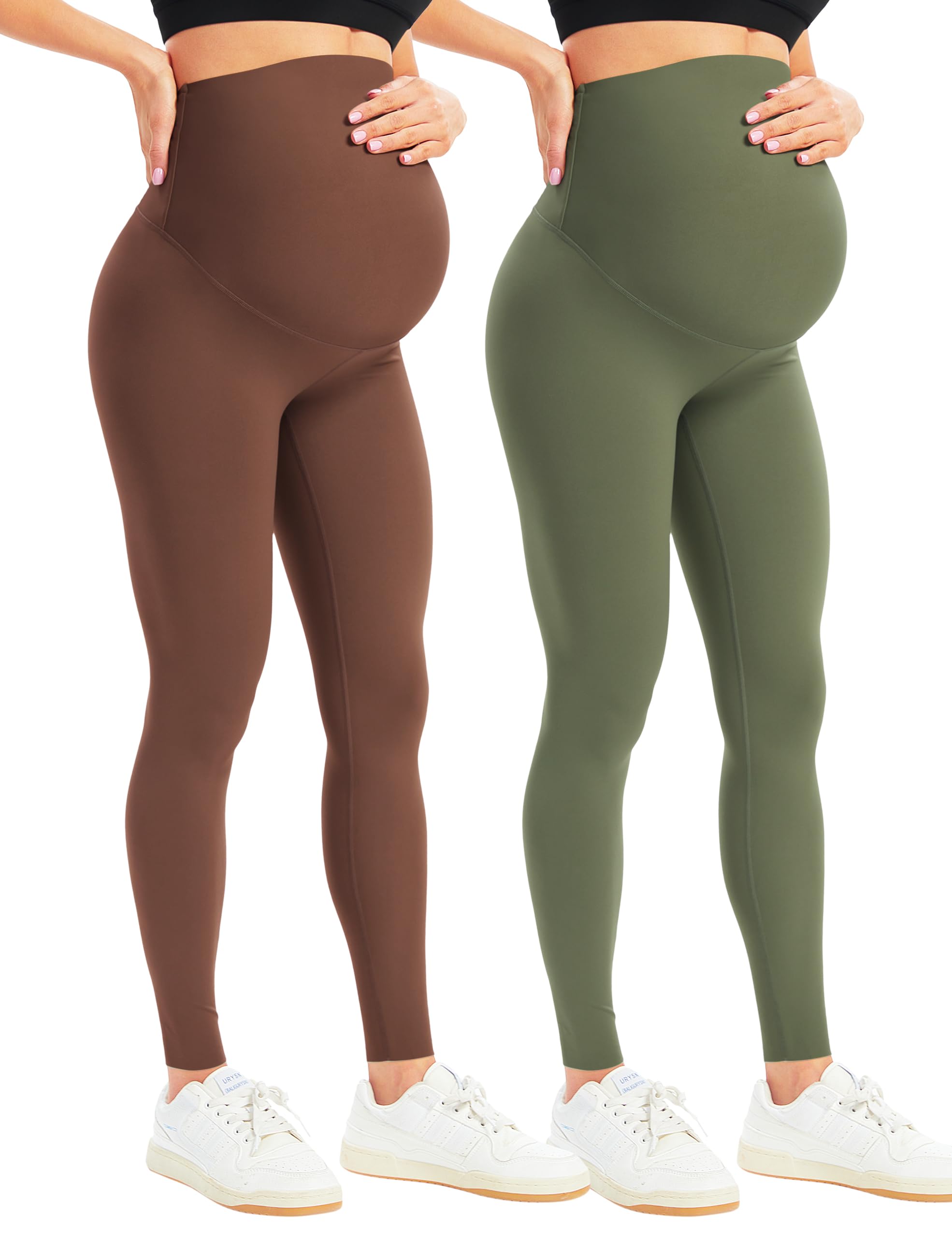 BONVIGOR Leggings de maternidad para mujer, para entrenamiento sobre el vientre, pantalones de yoga activos para correr, Paquete de 2, café oscuro/oliva gris, X-Large