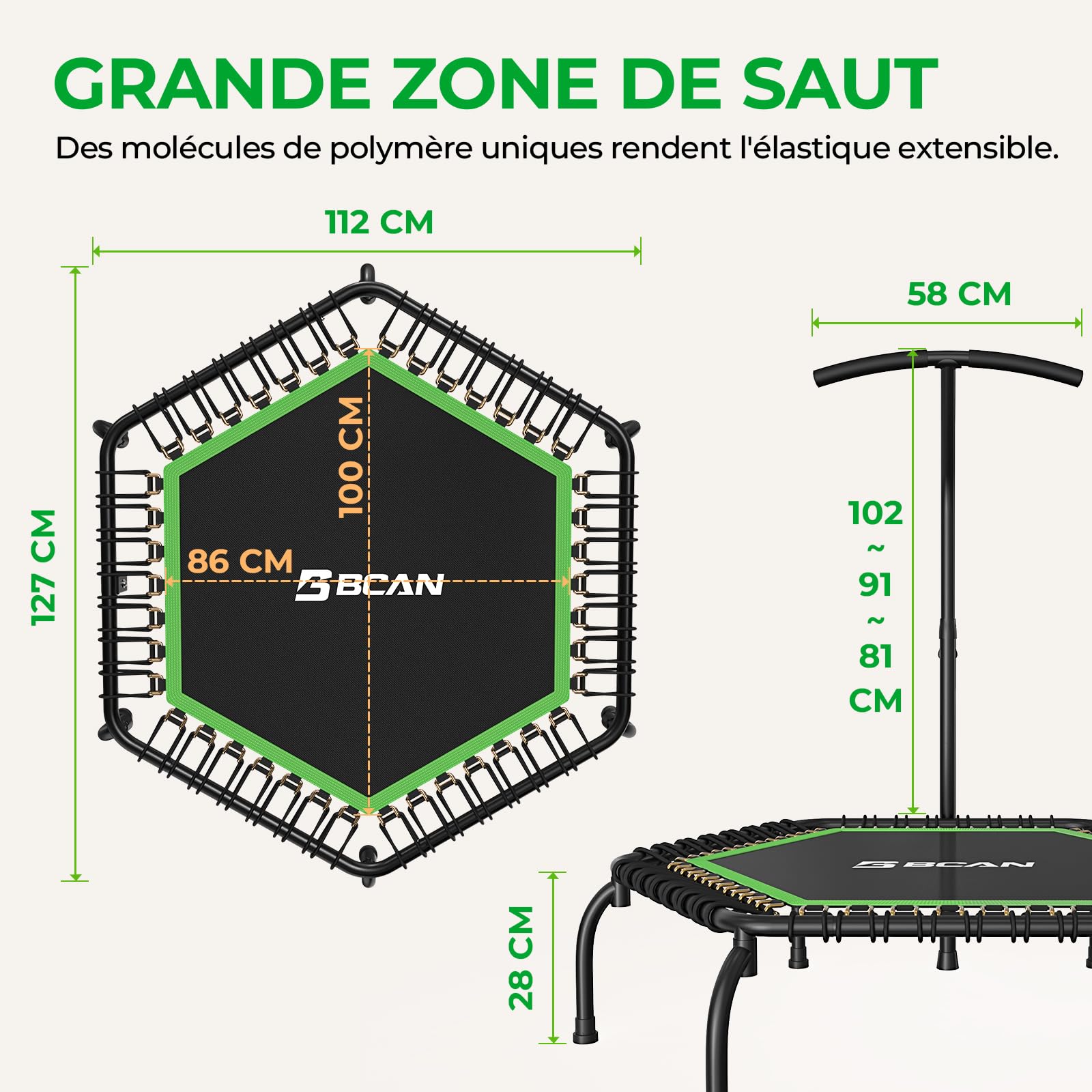 Trampoline d'intérieur BCAN Fitness, diamètre Ø 102/122/130 cm, Mini Trampoline à élastiques/Ressorts, Convient aux Adultes jusqu'à 204/250 kg, avec poignées réglables, Silencieux.
