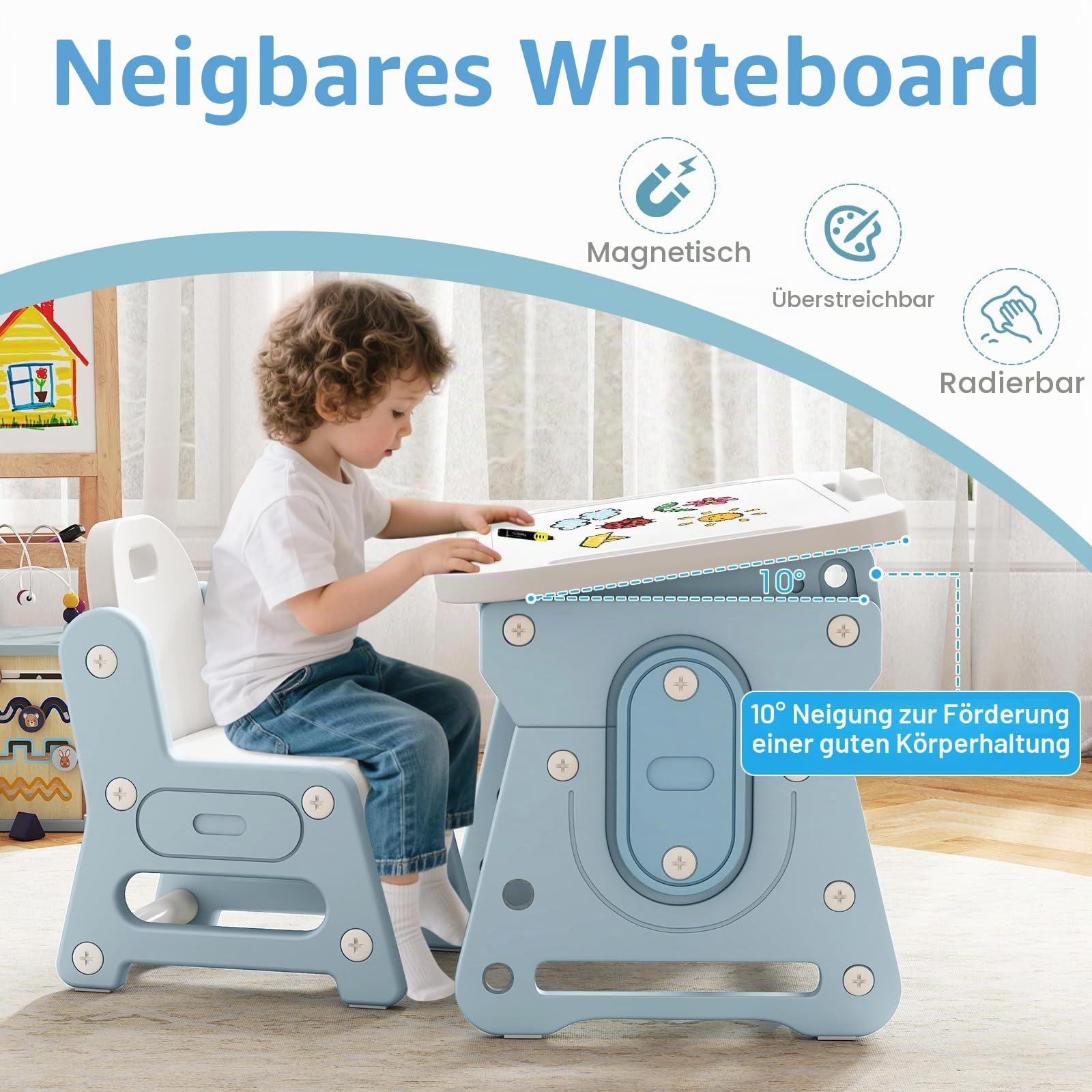 LIFEZEAL Kinder Tisch Stuhl Set, Zeichentisch mit magnetischer Whiteboard & Kinderstuhl, Verstellbarer & neigbarer Schreibtisch mit Stauraum, Maltisch für Kinder ab 3 Jahr (Weiß + Blau)