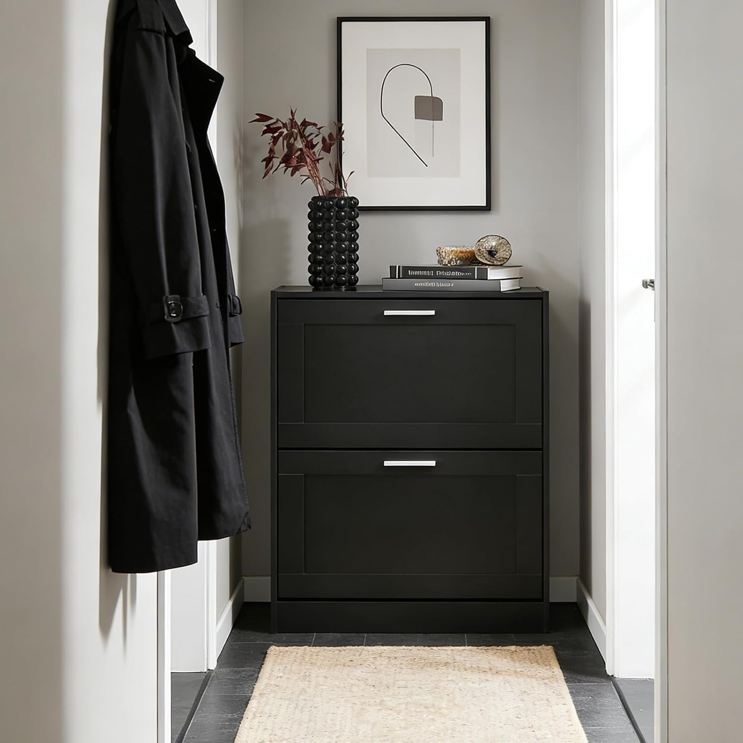 Haotian Shoe Cabinet Storage for Entryway, Narrow Shoe Cabinet with Two Flip Drawers to Save Space, Shoe Rack Cabinet for Front Door Entrance Hallway (Black)