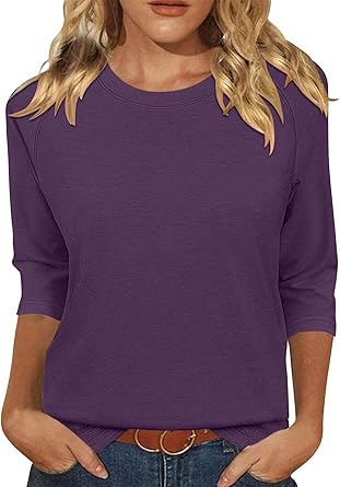 KISSMODA Tunic Tops for Women Loose Fit Dressy Round Neck Pleated 3/4 Length Sleeve Spring Tops