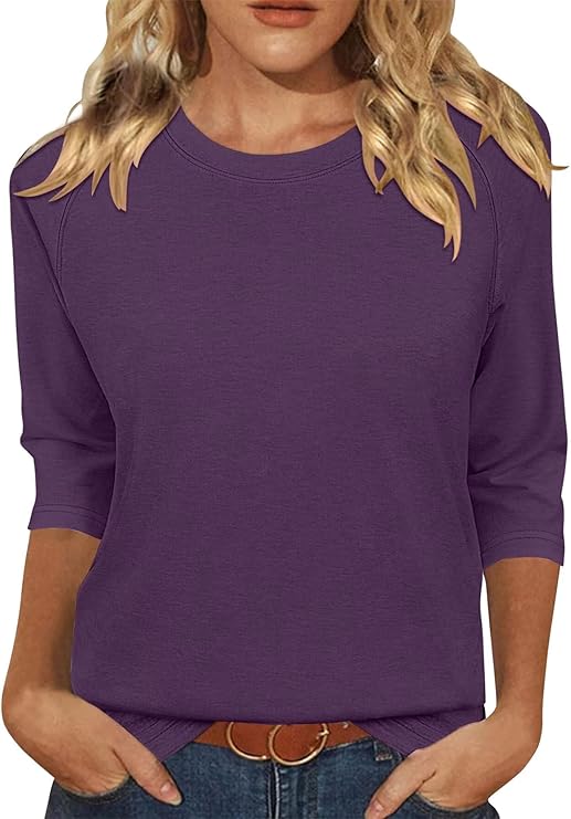 KISSMODA Tunic Tops for Women Loose Fit Dressy Round Neck Pleated 3/4 Length Sleeve Spring Tops