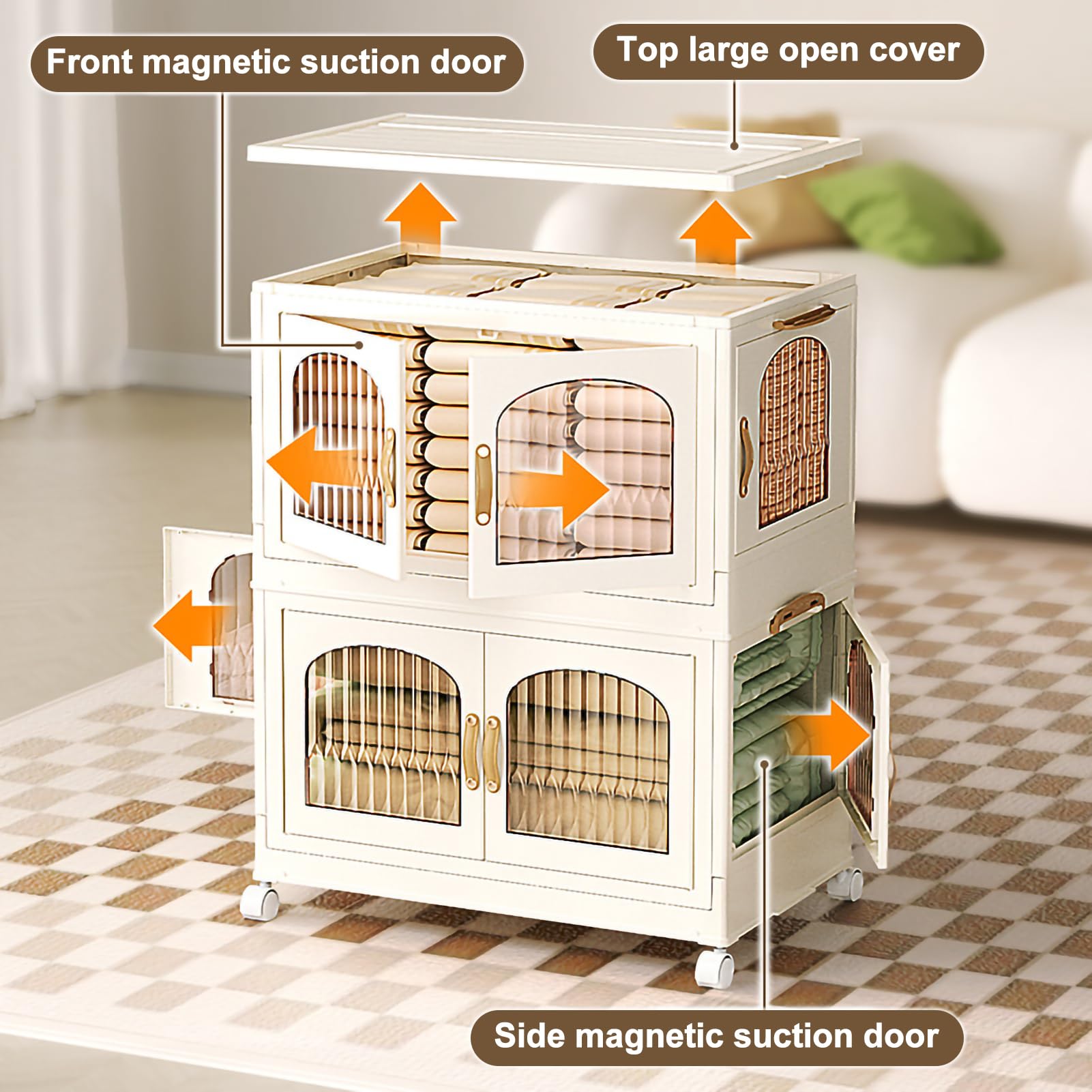 Armario de almacenamiento de plástico de 4 niveles con puertas plegables y ruedas, organizador de contenedores apilable y plegable para cocina, baño y lavadero.