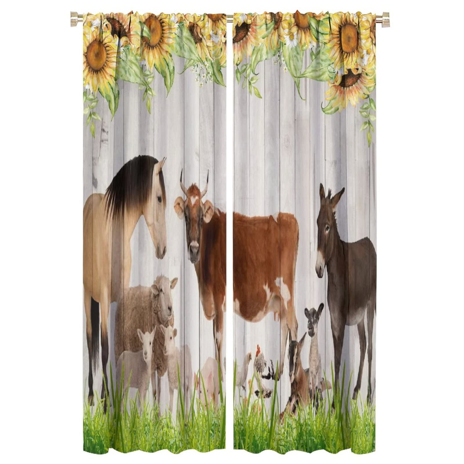 Farm Animal Curtains,Farmhouse Animals Cow Horse Sheep Duck Sunflower Wooden Plank Background Blackout Window Door Curtains for Bedroom Living Room Home Decor W42xL63in