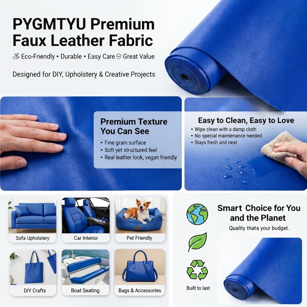 Faux Leather Fabric Soft Skin Grain PU Leather for Furniture Cover Reupholster Sofa Chairs Cushions Vinyl Upholstery. (Royal Blue, 1 Yard)