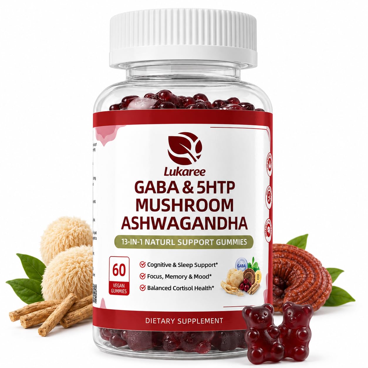 GABA & Mushroom Gummies Supplement for Sleep & Brain Support,Extra Strength | Plus Mushroom Complex, 5‑HTP & Tart Cherry, No Melatonin for Natural Sleep, Berry Flavor-Sugar Free, 60 Gummies 60 Count (Pack of 1)