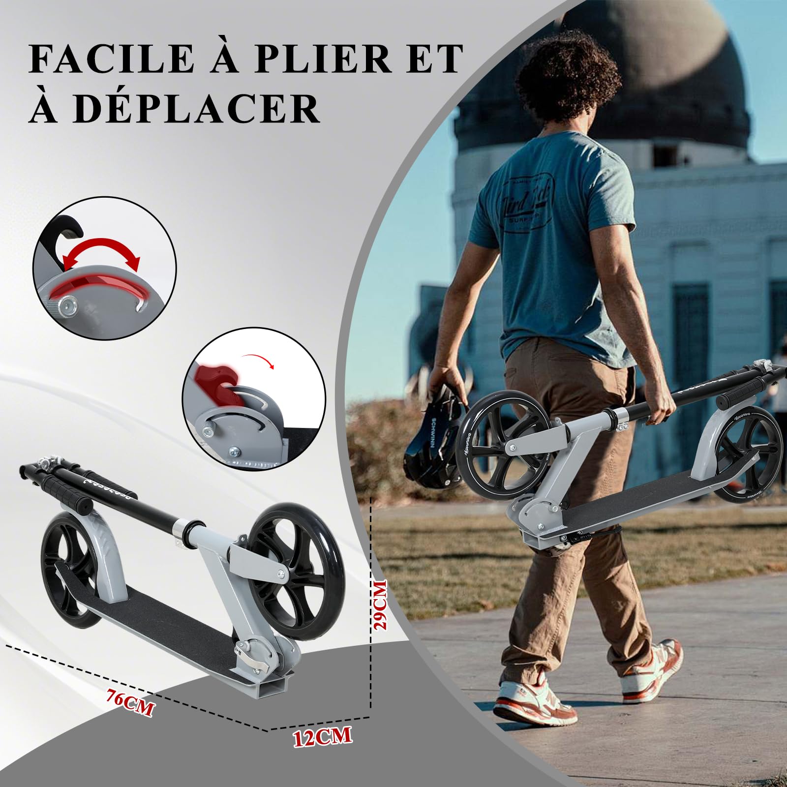 Trottinette Ado Pliable, Trottinette Adolescent avec Guidon Hauteur Ajustable 3 Niveaux, Trotinette Enfant Grande Roue 200MM Résistant, Trotinette Enfant/Ado 9-14Ans 125-175CM Charge 100KG