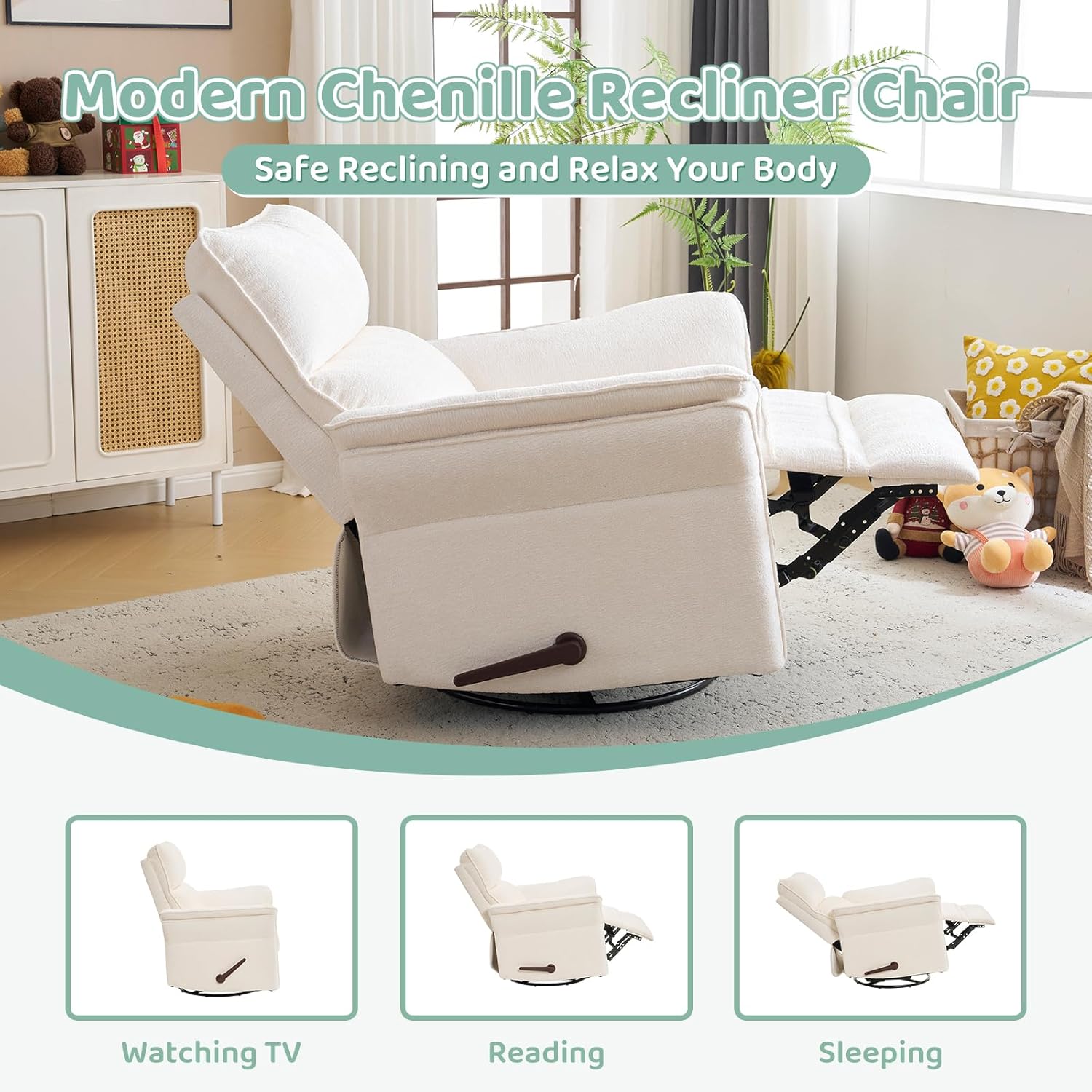 Oversized Rocking Chair Nursery with Adjustable Headrest, 26" Extra Wide Glider Recliner Nursery Chair for Nursery, 360° Swivel Rocker Recliner with Overstuffed Armrest, White White Oversized glider rocking chair image 4 of 9 B0F9YKZ4XF