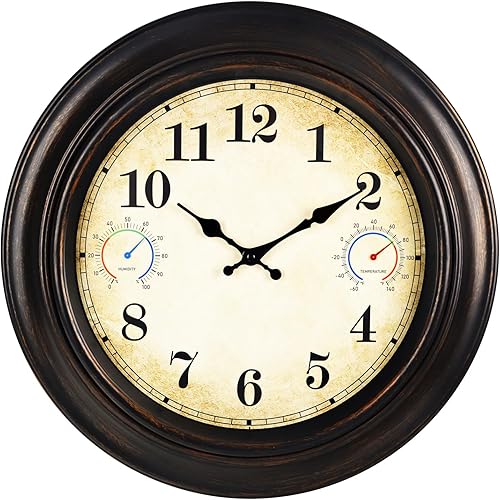 Miniatura 9 de Reloj grande de 18 pulgadas para exteriores con termómetro e higrómetro, retro, impermeable, para interiores y exteriores, para patio, piscina, 18