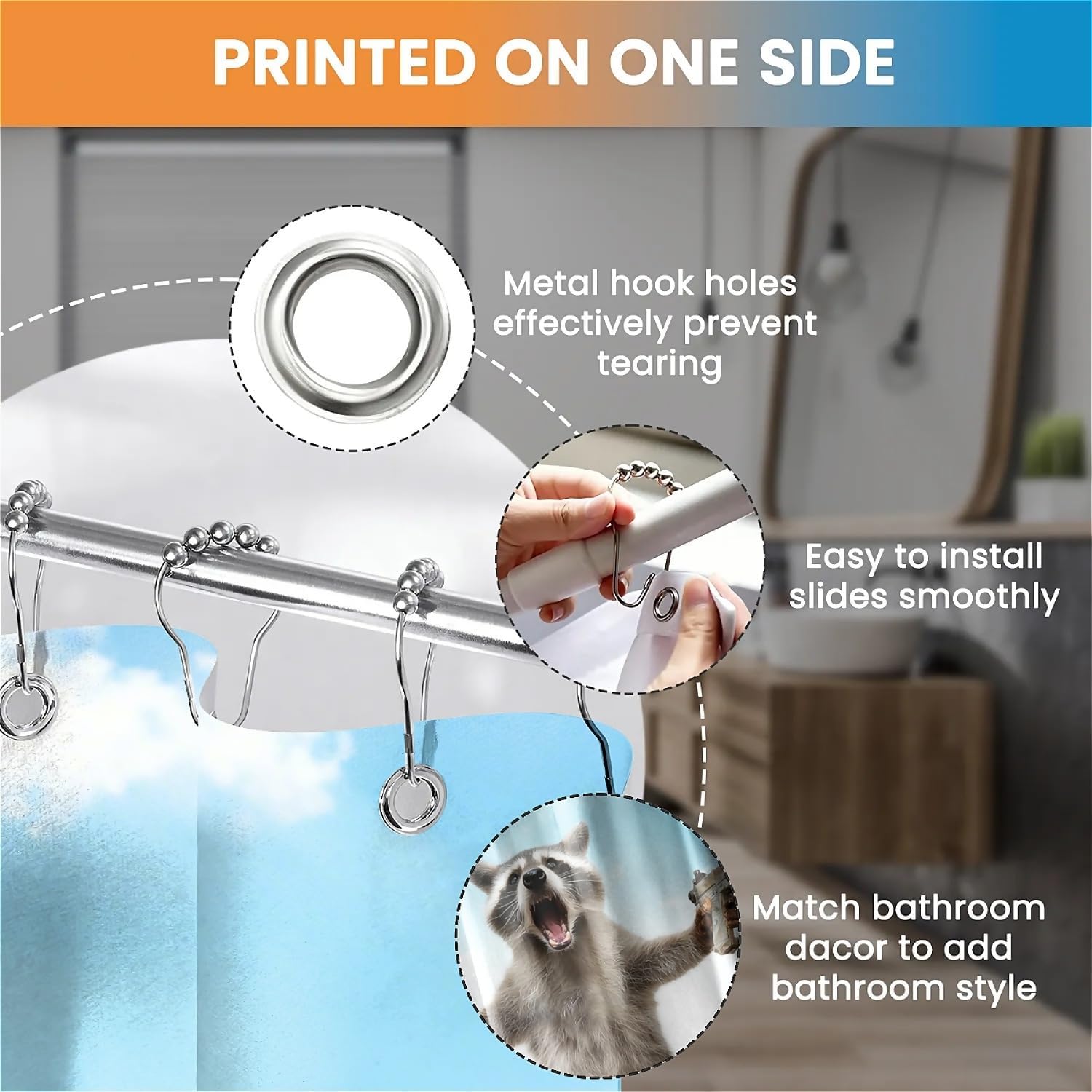 Amasnay Cool Raccoon Riding Shark Bathroom Shower Curtain, Water Resistant Fabric with Grommets & Hooks, Machine Washable, 72"x72"