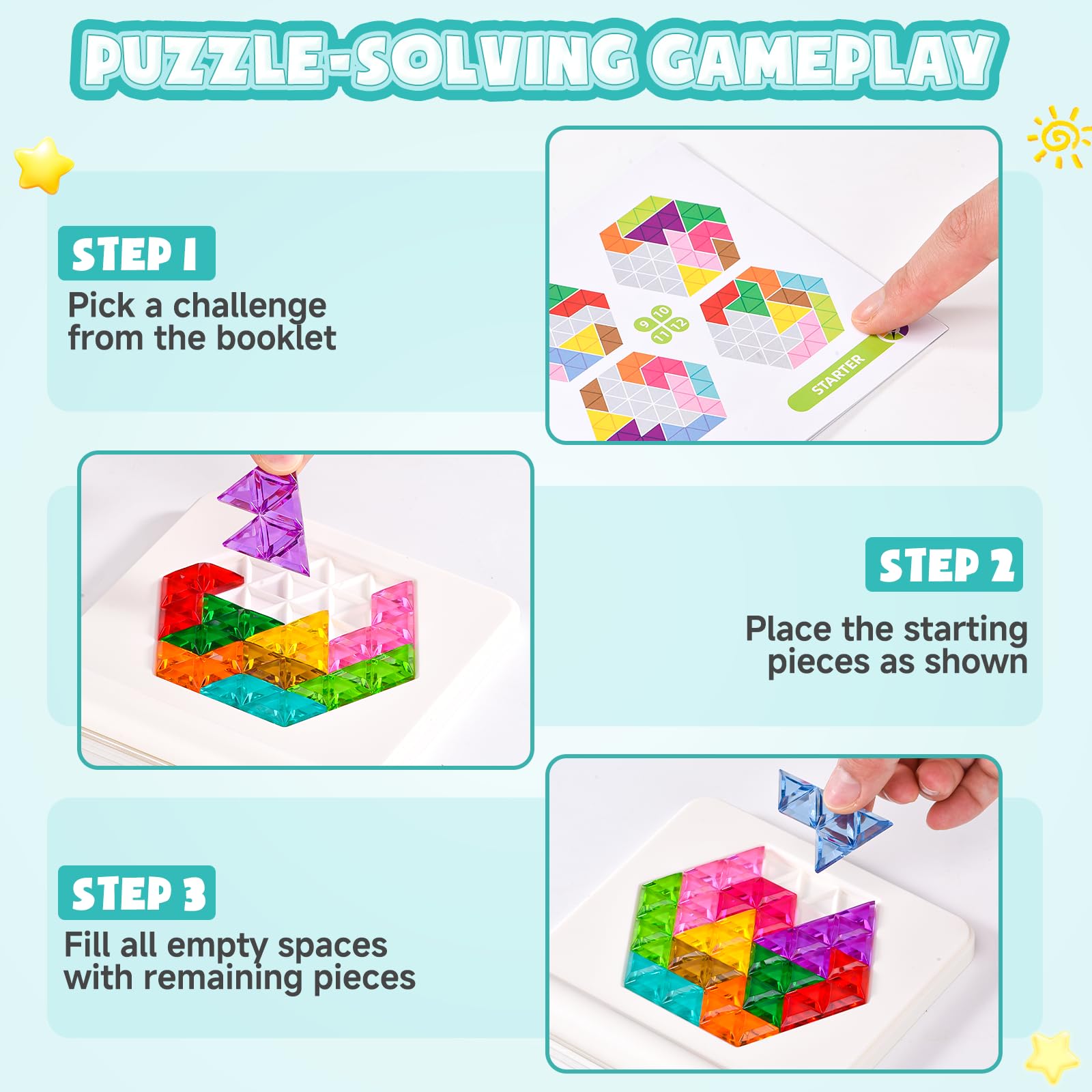 Gioco di posa geometrica, puzzle IQ, sfide progressive e 2 forme (stella/esagonale), pietre lucide colorate come gelatina, portatile, con coperchio e libretto delle soluzioni, per adulti e