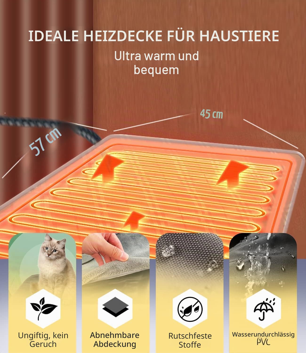 uncn Heizkissen für Hunde und Katzen, druckaktiviertes Haustier-Wärmekissen, automatisch, elektrisch, beheizt, für den Innenbereich, Wärmekissen mit kaufester Kordel, einstellbare Temperatur,