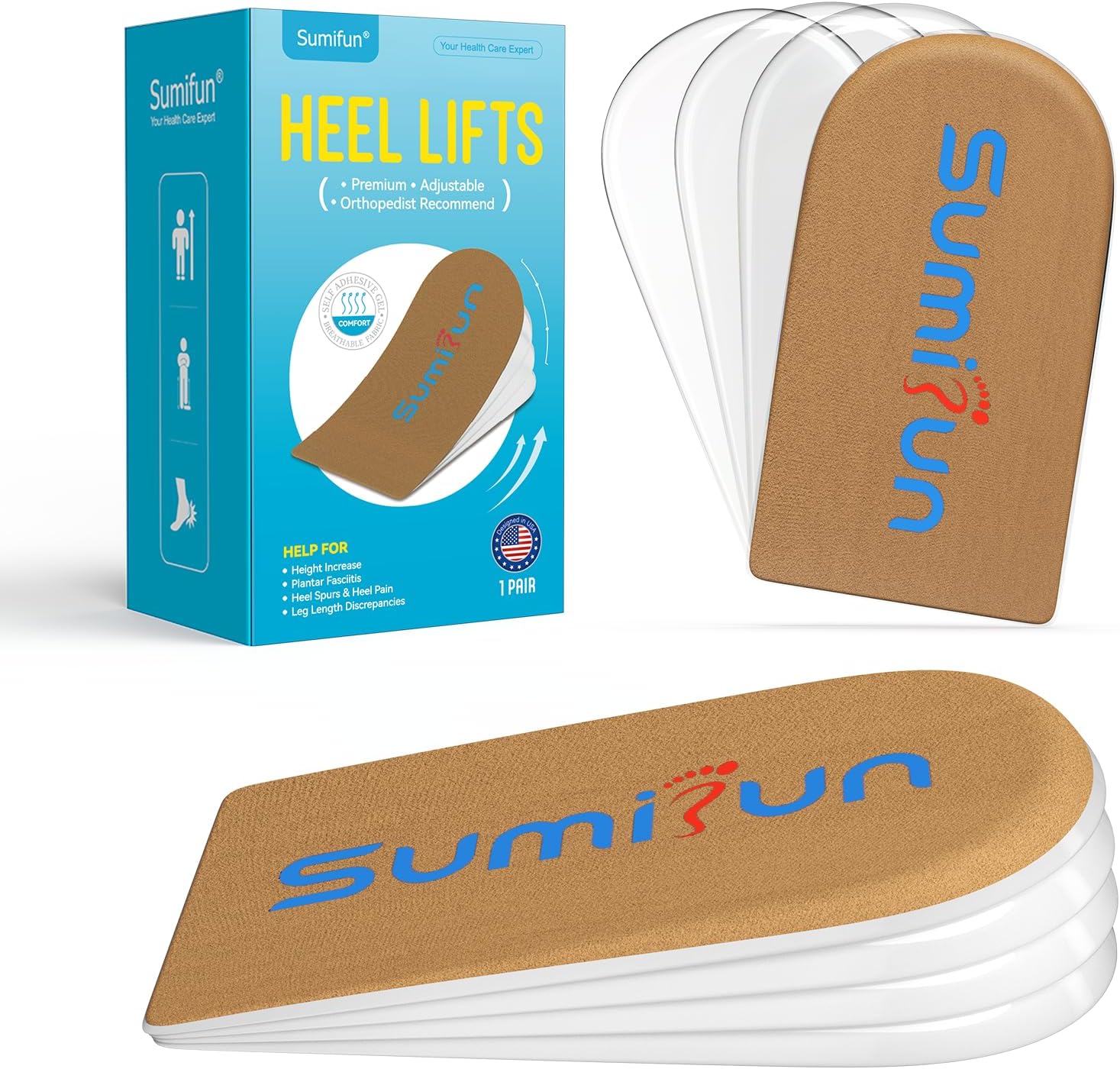 Sumifun Heel Lift, 4-Layer 1 Inch Gel Shoe Lifts for Women Uneven Legs, Adjustable Orthopedic Heel Lifts for Heel Pain and Leg Length Discrepancy, Heel Wedge Inserts 1/4" 1/2" 3/4" (Size S, Beige)
